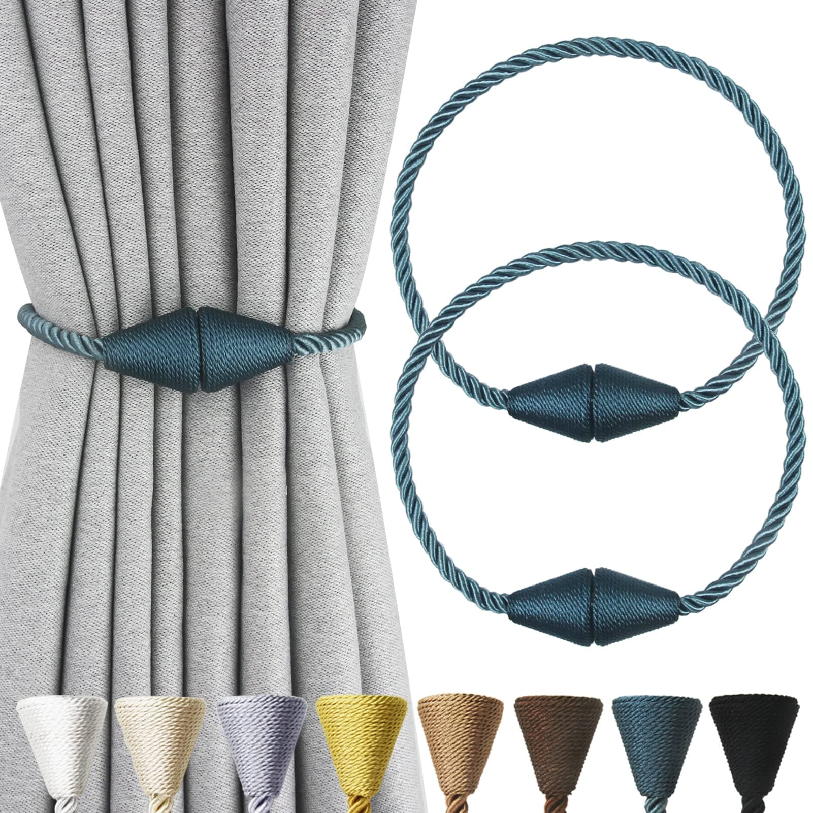 2 Pack Magnetic Curtain Tiebacks Rope Modern Handmade Curtain Tie Backs Decorative Drapes Weave Holdbacks for Window Décor, Blue