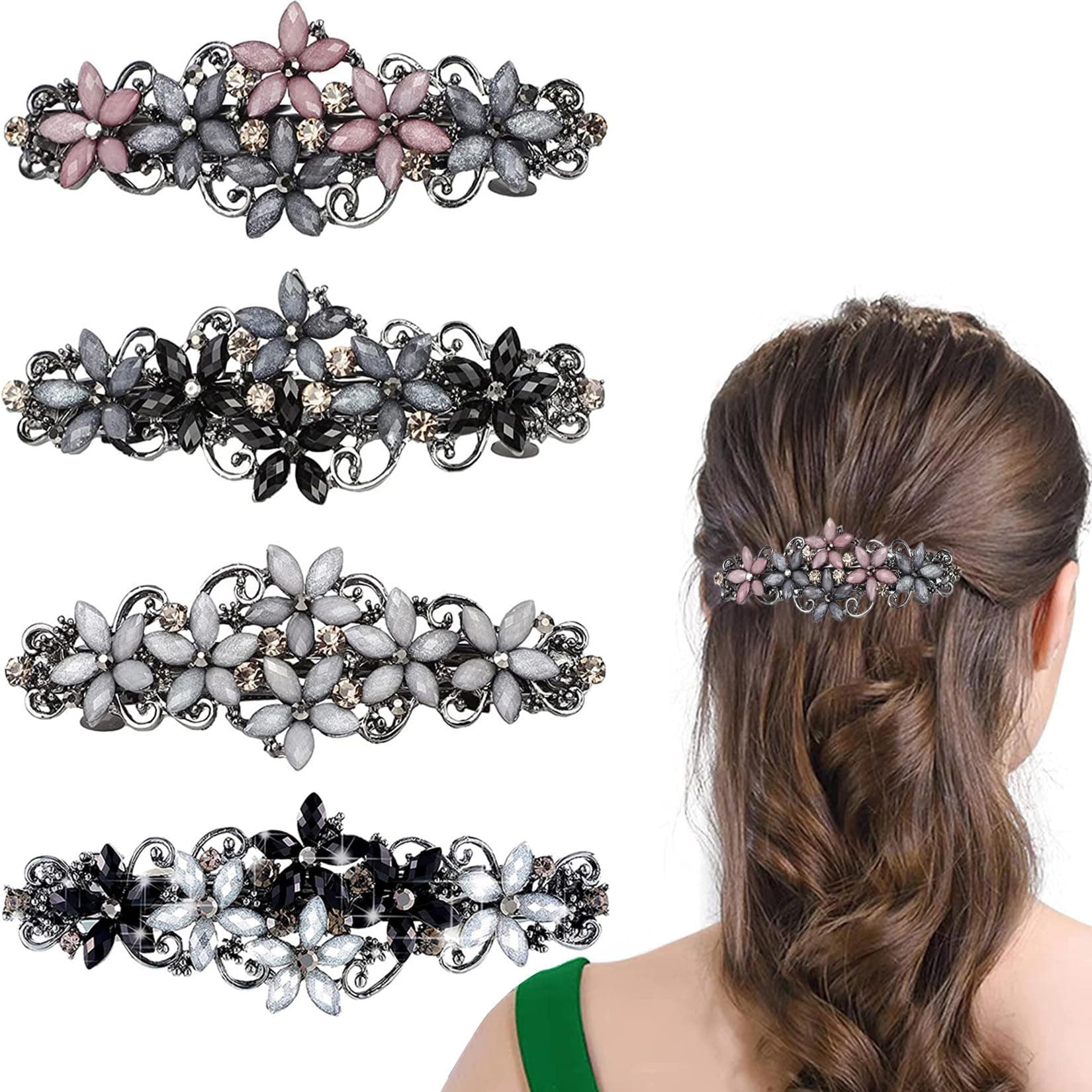 Hair Clips, 4 Pieces Rhinestones Barrettes with Crystal Hairpins for Women and Girls, Elegant Flower Hair Accessories (4 Color)