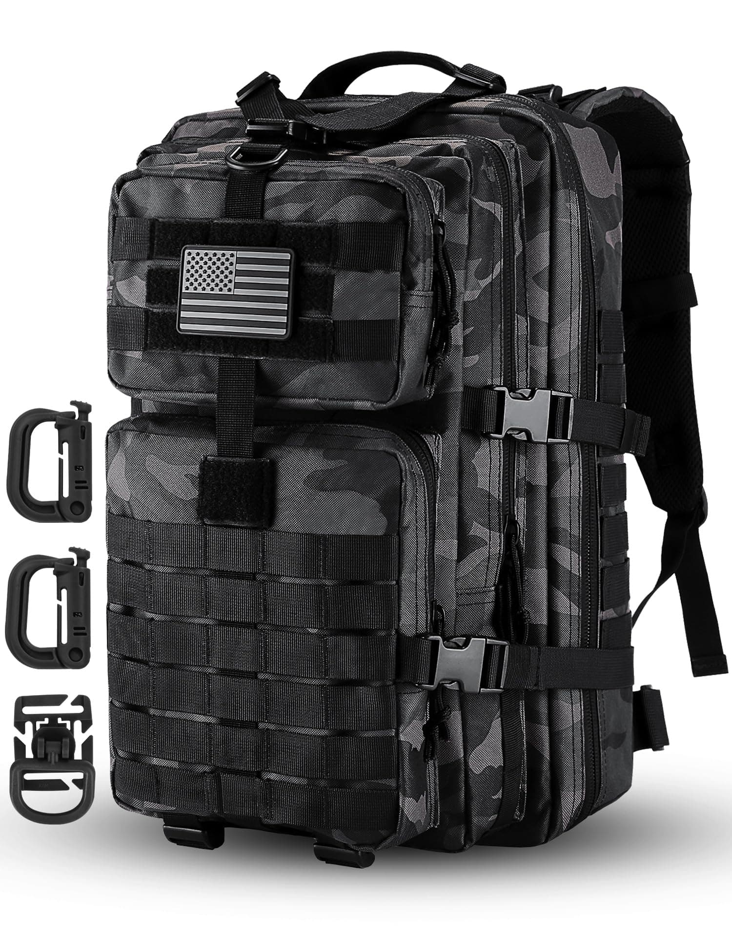 MOLLE Assault Pack, Tactical Backpack Military Army Camping Rucksack, 3-Day Pack Trip w/USA Flag Patch, D-Rings, Black Camo
