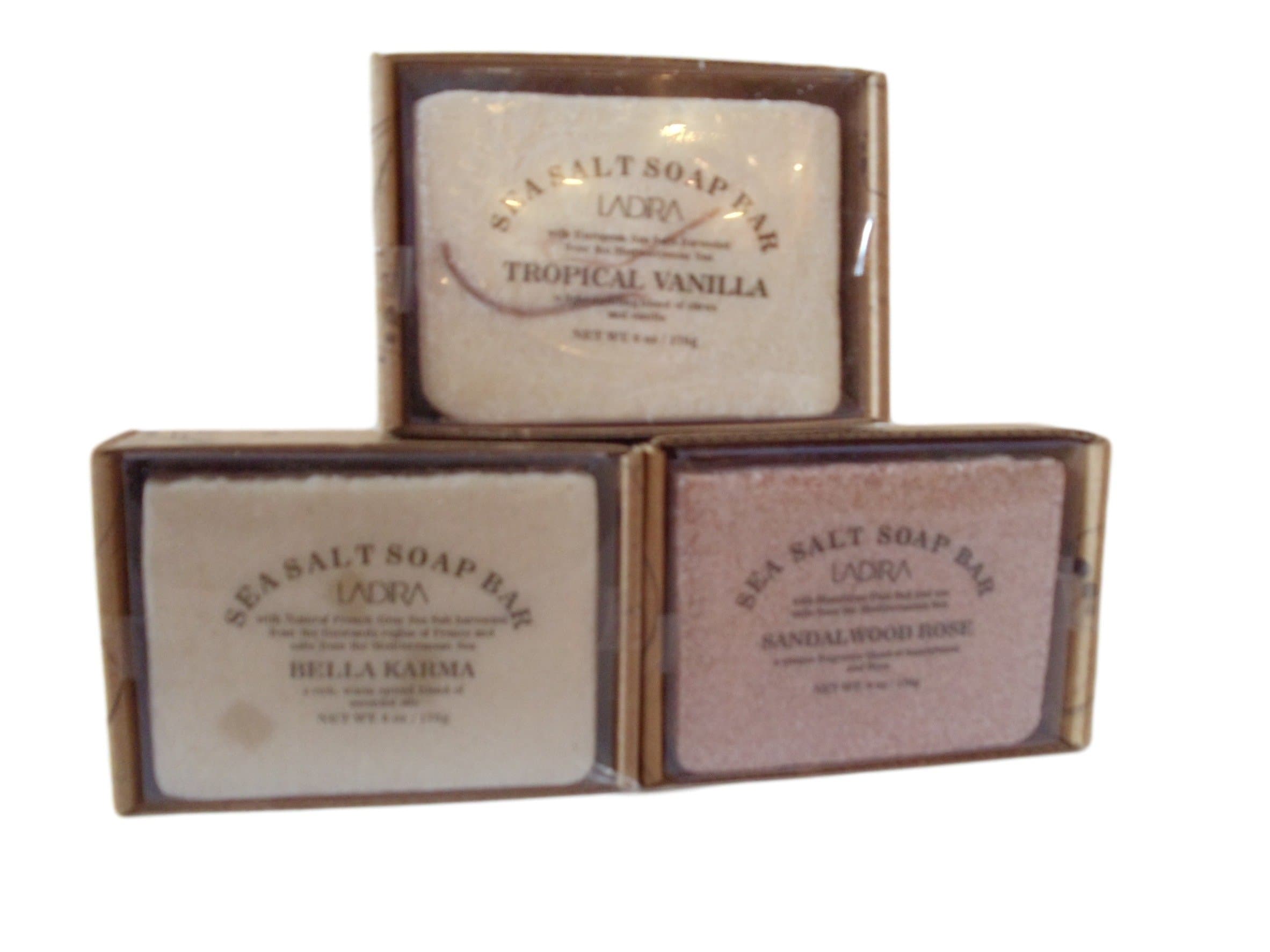 Ladira Vegan Sea Salt Soaps - Tropical Vanilla- Bella Karma-Sandalwood Rose 3 Pack Bundle