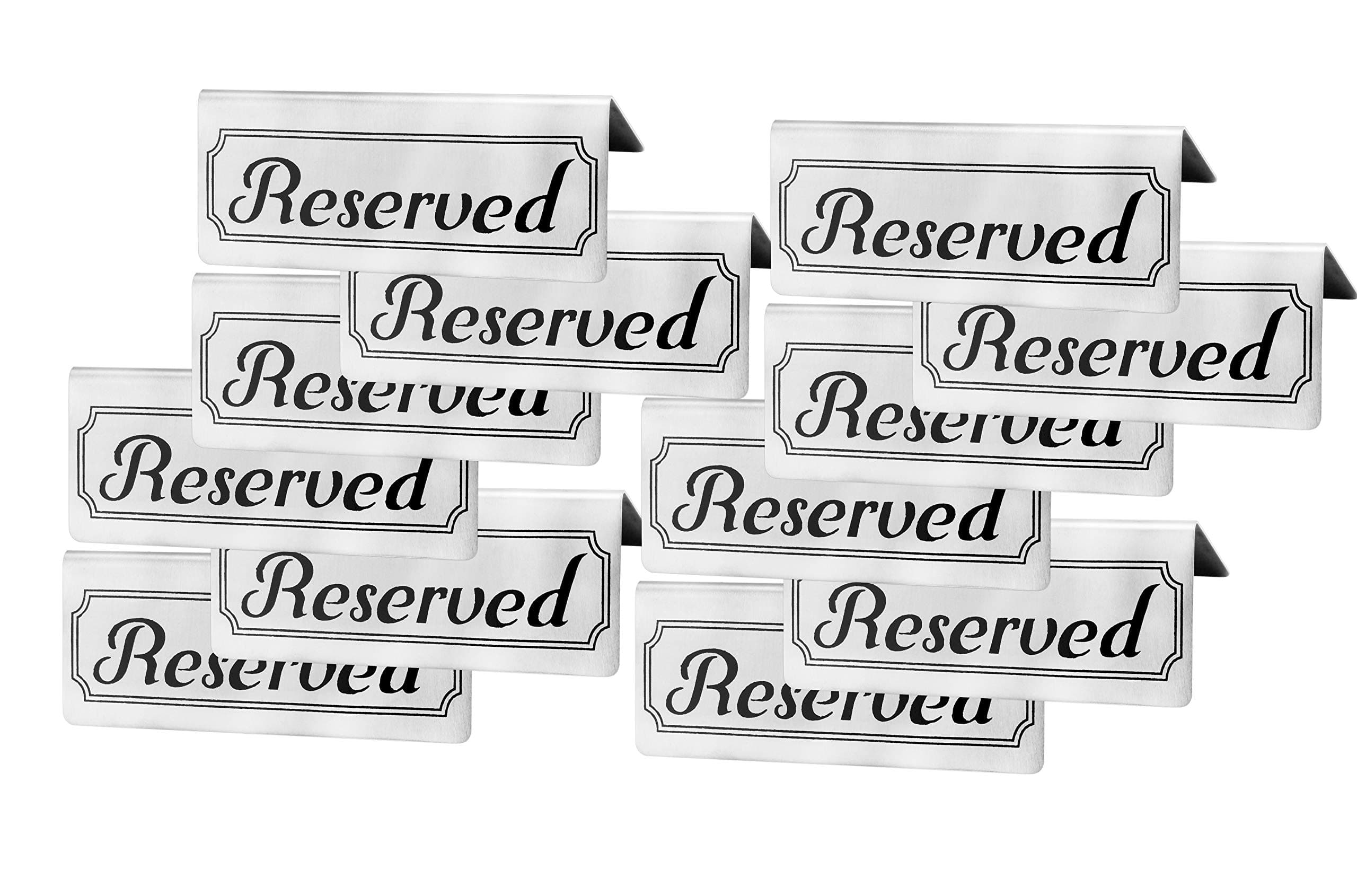Stainless Steel Reserved Table Signs (12-Pack); 4.75-Inch by 2-Inch Tent Style Silver Signs with Black Print