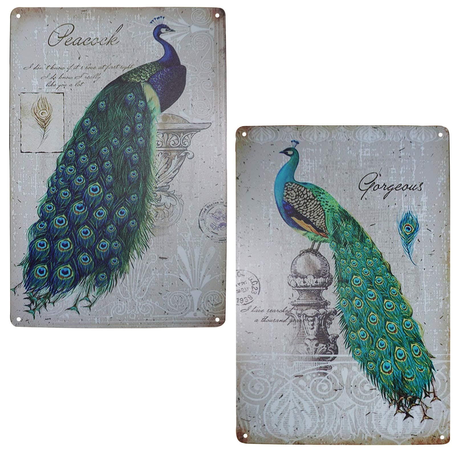 TISOSO Elegant Proud Peacock Tin Sign Art Oil Painting Wall Decor Garage Diner Cafe Vintage Metal Bar Signs for Home Living Room Bedroom Bathroom Office 2pcs-8x12inch