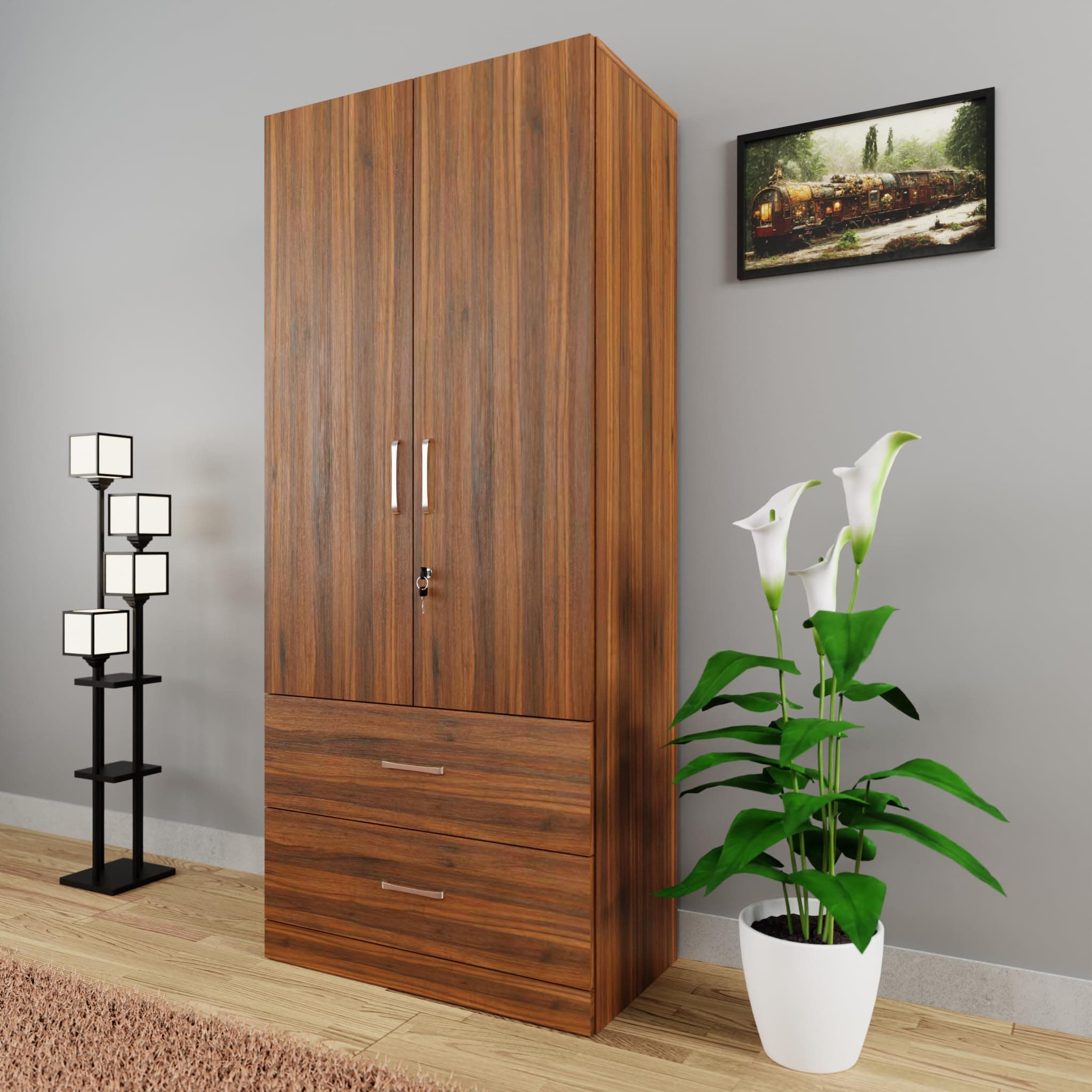VIKI Wardrobe | Wooden Almirah for Clothes,Door for Bedroom, 2 Door Wardrobe with Drawer & Hanging Space (Brussel Walnut - 40D x 80W x 180H) | 1 Year Warranty | Free Assembly