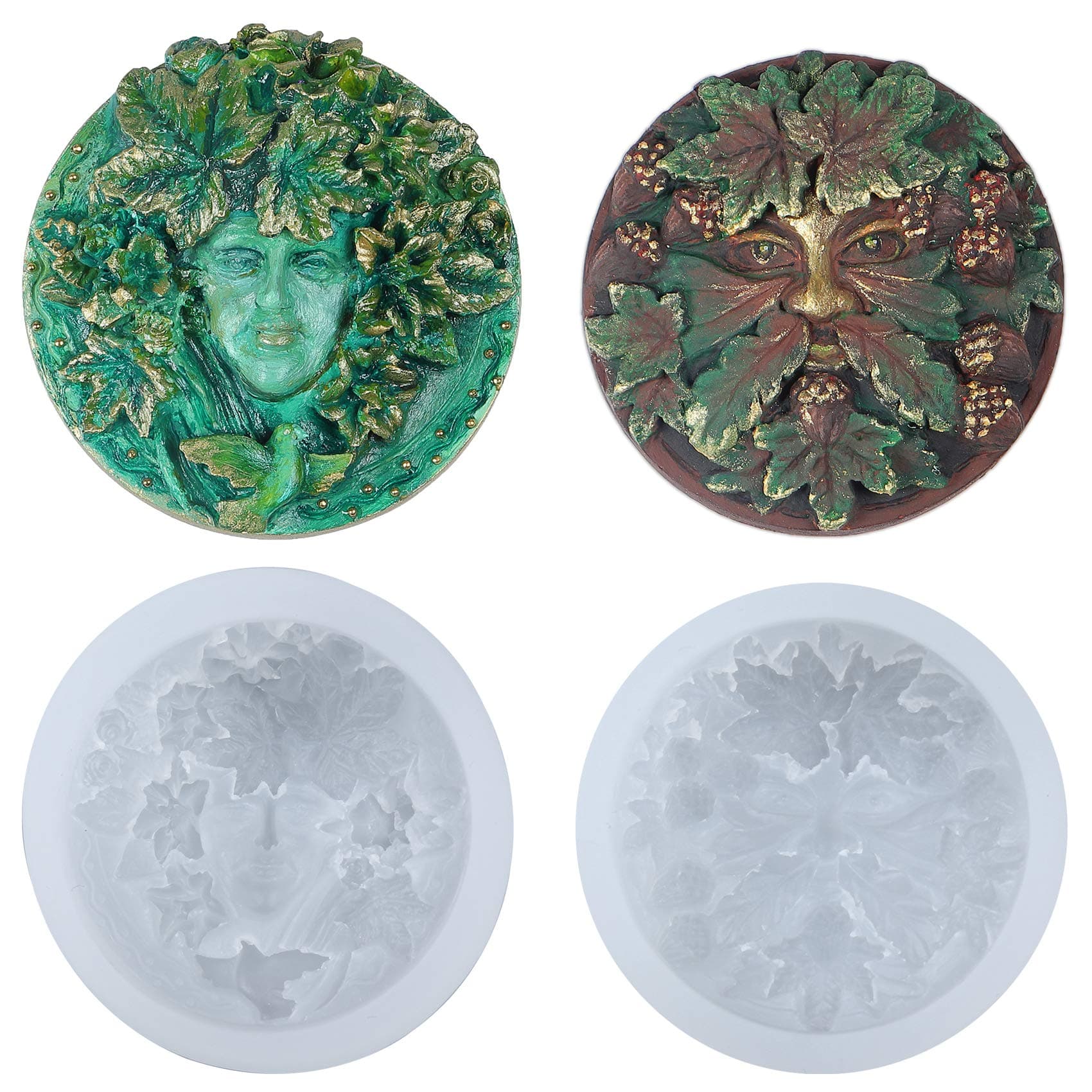 Greenman Greenwoman Plaque Sculpture Silicone Moulds Set Fondant Tray for Sugarcraft, Jewellery Casting, Polymer Clay Concrete Cement Craft Expoxy Resin