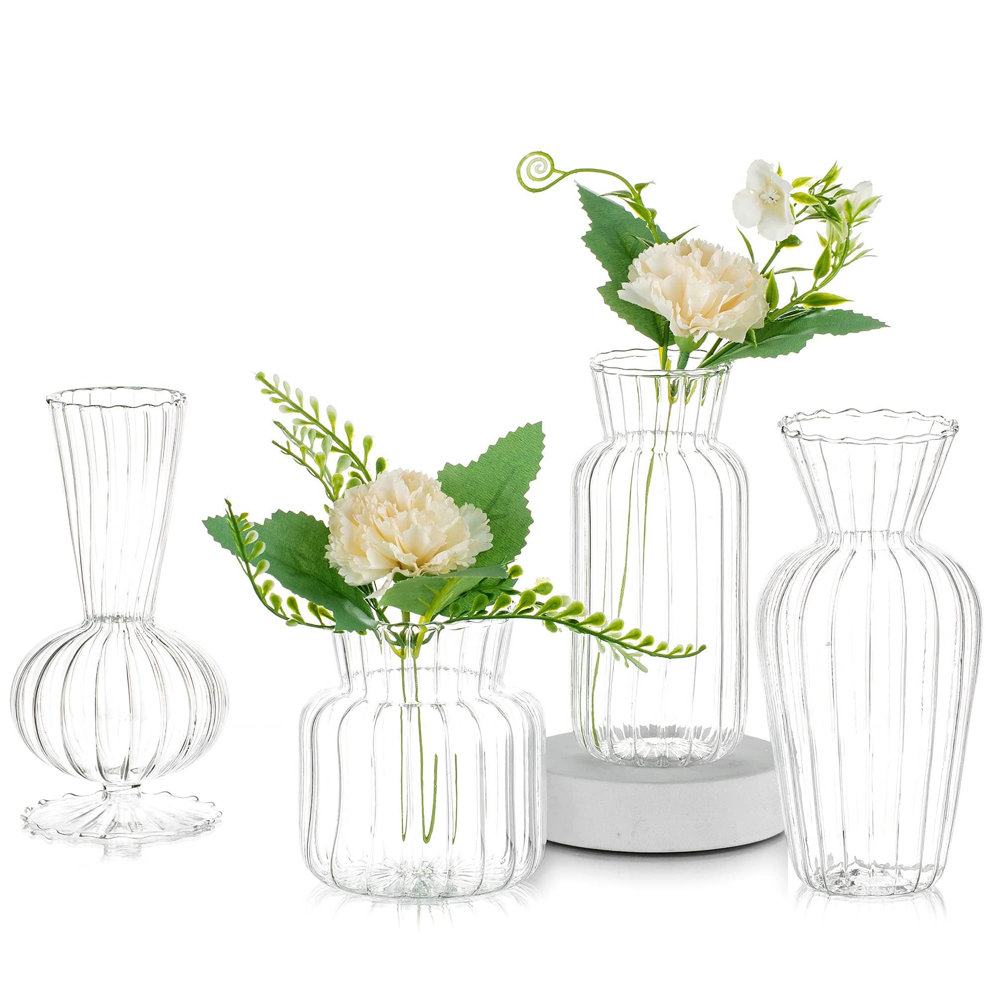 GlasseamSmall Glass Flowers Handmade Vase Set 4 Pcs Vintage Clear Mini Bud Vase Modern Decorative Narrow Neck Sweet Pea Jar for Dining Table Centrepiece Living Room Wedding Ornaments