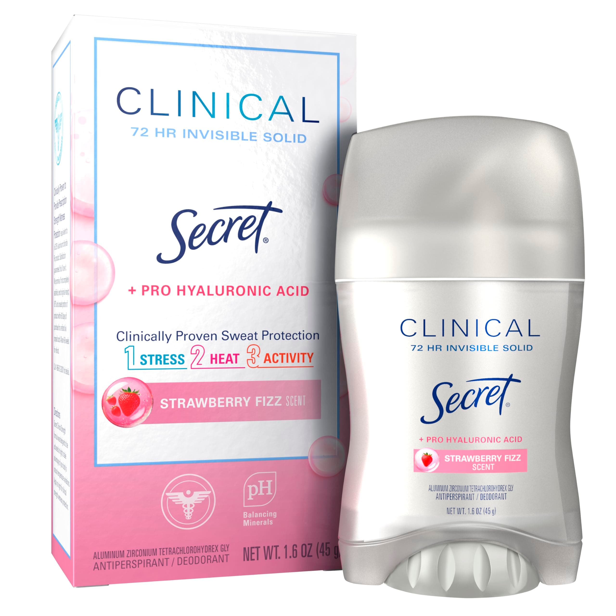 Clinical Strength Antiperspirant Deodorant for Women, 3X Stress Protection, 72hr Sweat & Odor Protection, Pro-Hyaluronic Acid, Invisible Solid, Strawberry Summer Fizz Scent, 1.6 oz
