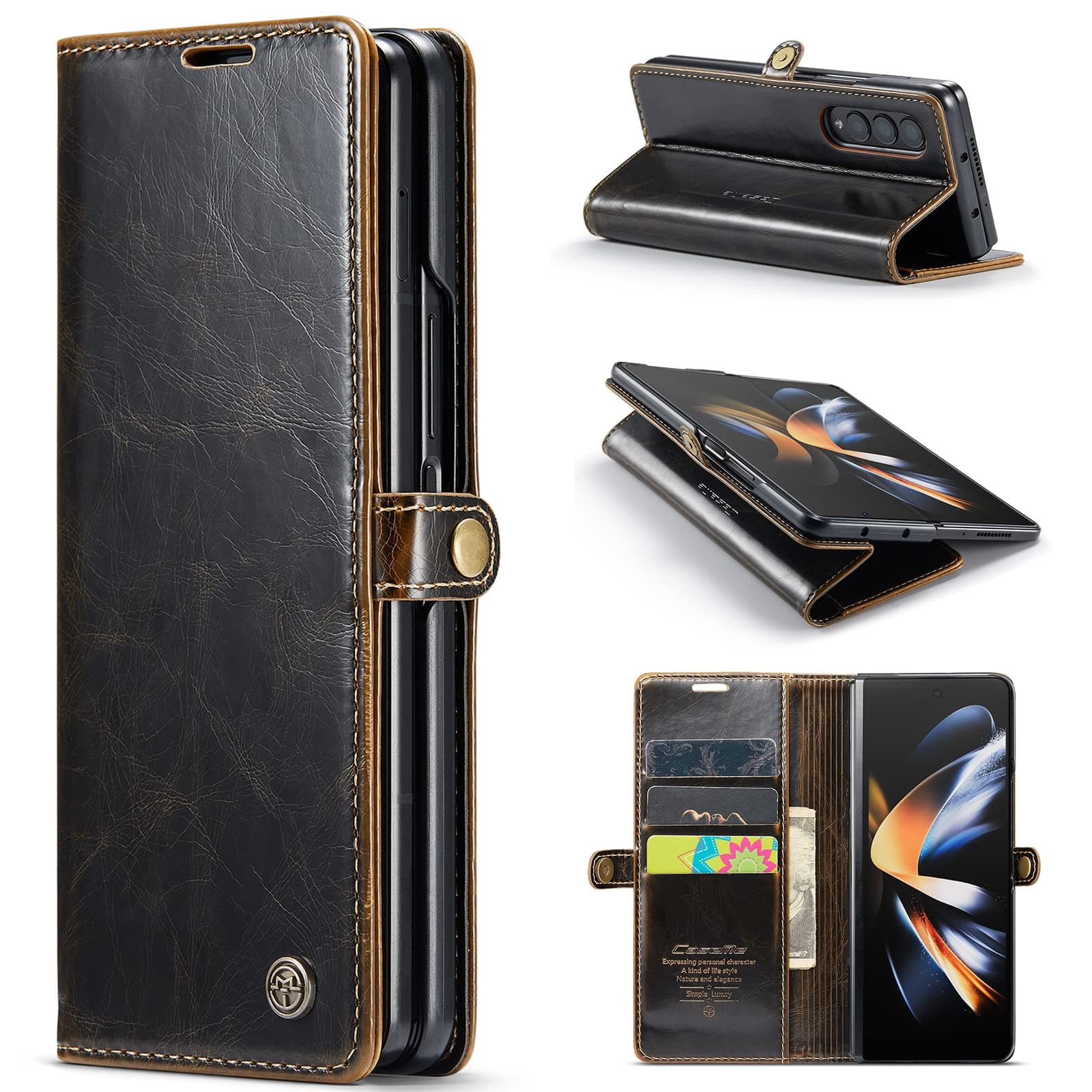 Design for Samsung Galaxy Z Fold4 Wallet Case with Magnetic Closure Kickstand Cover (Black Brown)