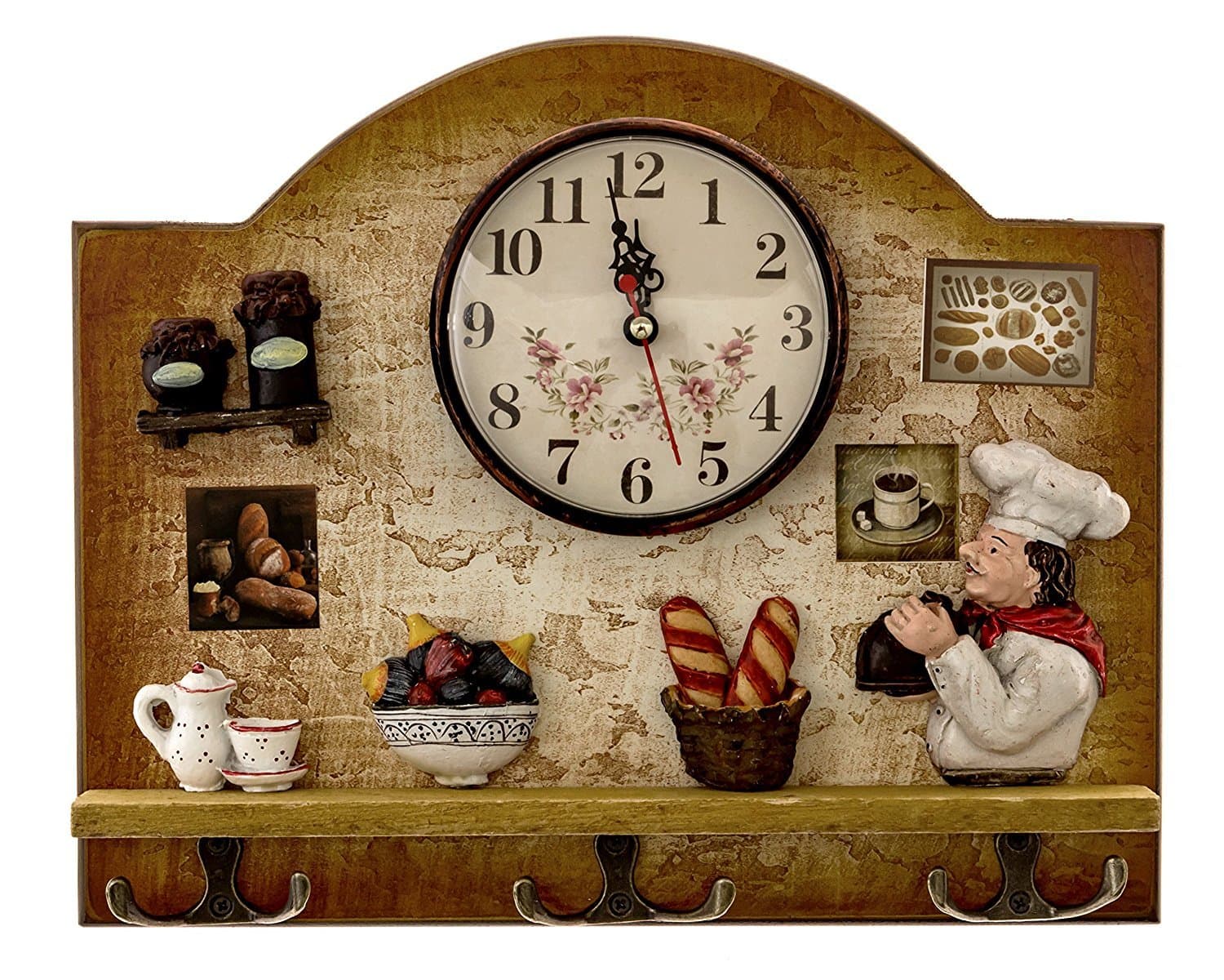 Fat Italian Chef Kitchen Decor Clock with Hooks - Unique Idea for a Wedding or Housewarming Present