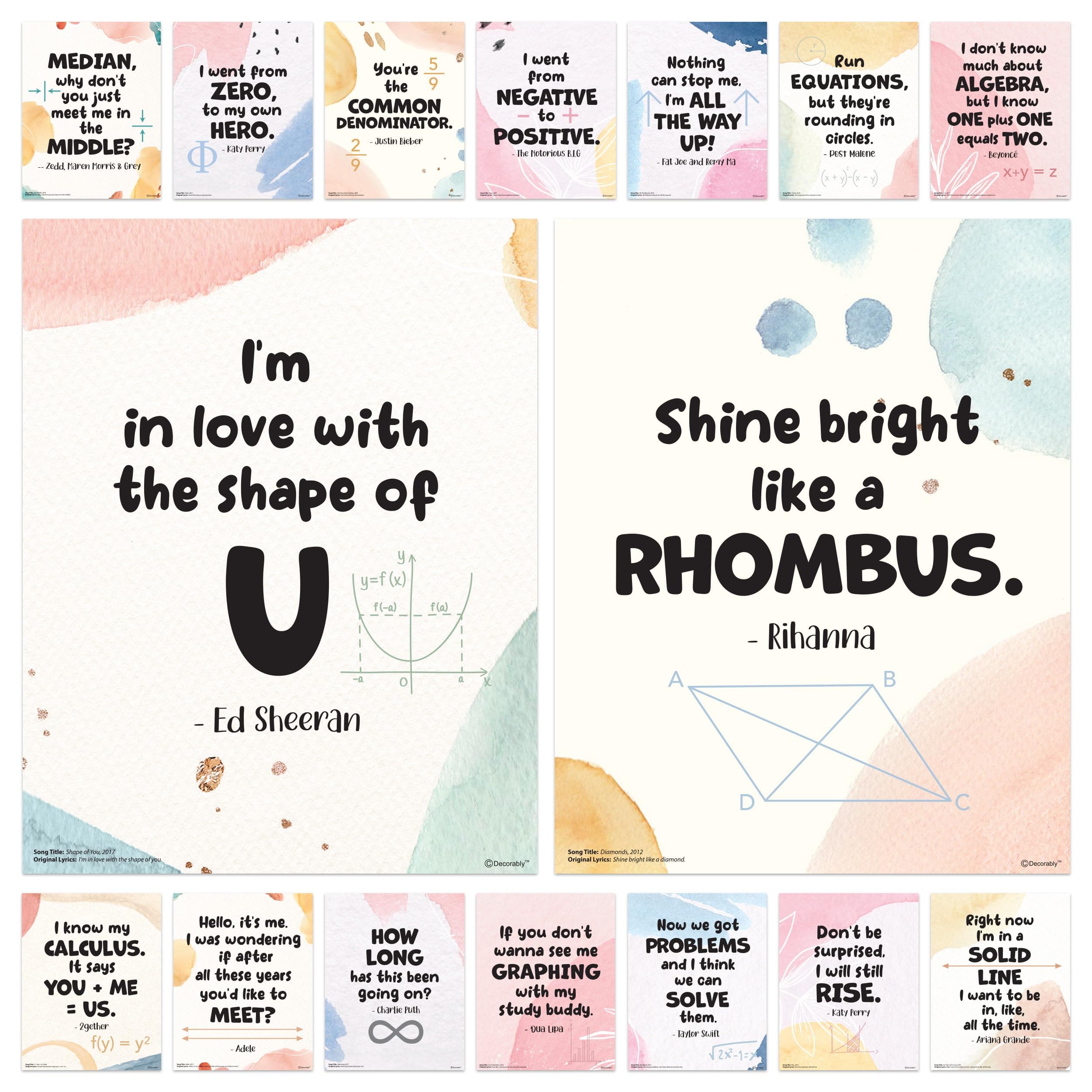 Decorably 16 Math Posters for High School, 11x14in Educational, Matte-Laminated Classroom Decor - for Hallways, Bulletin Boards, Home Study Room