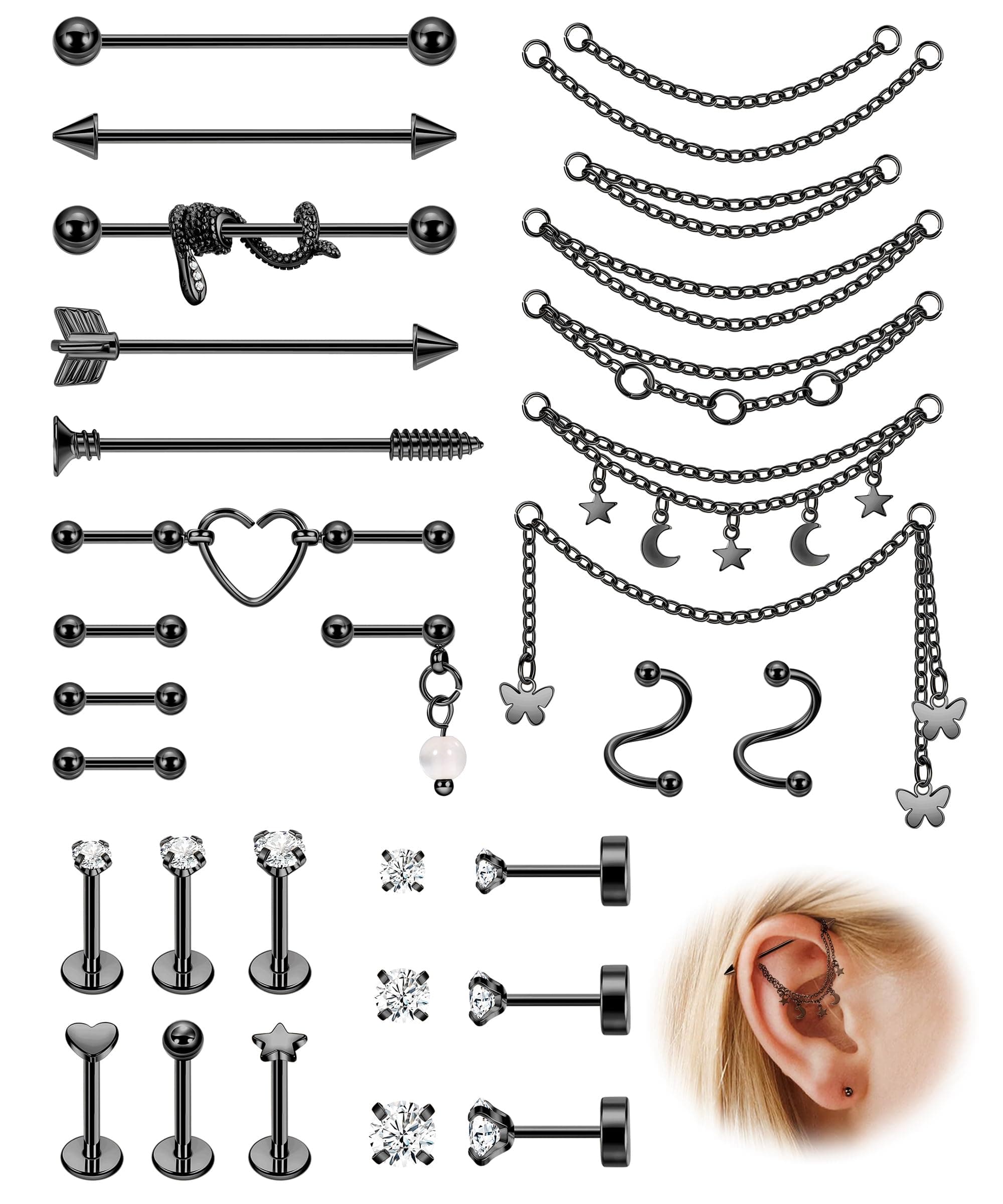 Surgical Steel Industrial Barbell Earrings with Chain for Women Dangle Cartilage Earring Studs Cartilage Helix Tragus Daith Industrial Piercing Jewelry Set