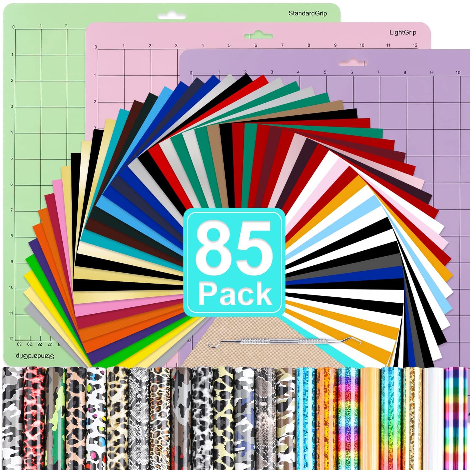 HTV Heat Transfer Vinyl Bundle: 85 Pack 12" x 10" Iron on Vinyl for T-Shirts, 53 Assorted Color HTV Vinyl with HTV Accessories Tweezers, HTV Vinyl Bundle Pack