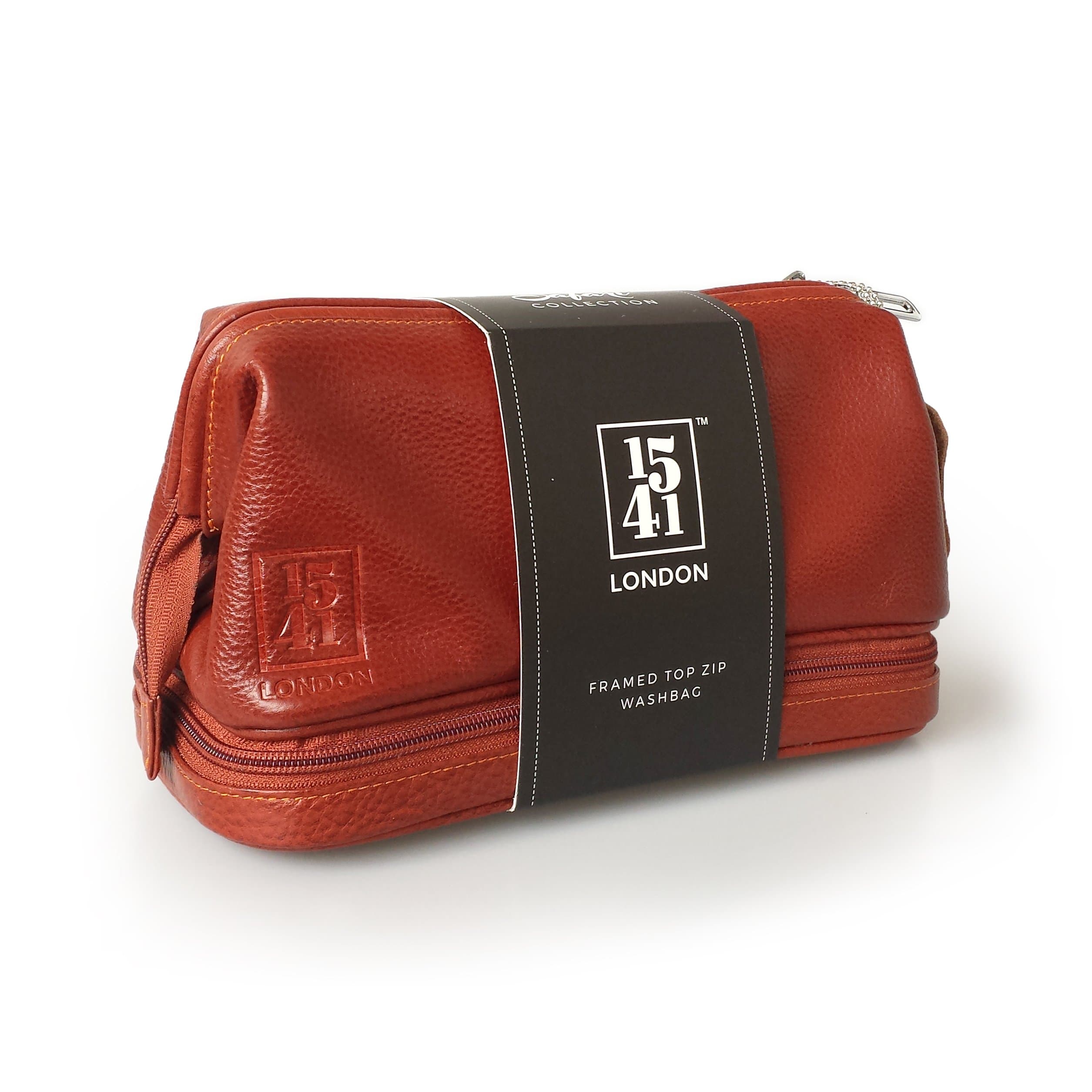 1541 LondonHand-Crafted Frame Top Zip Leather Travel Washbag (Tan Brown)