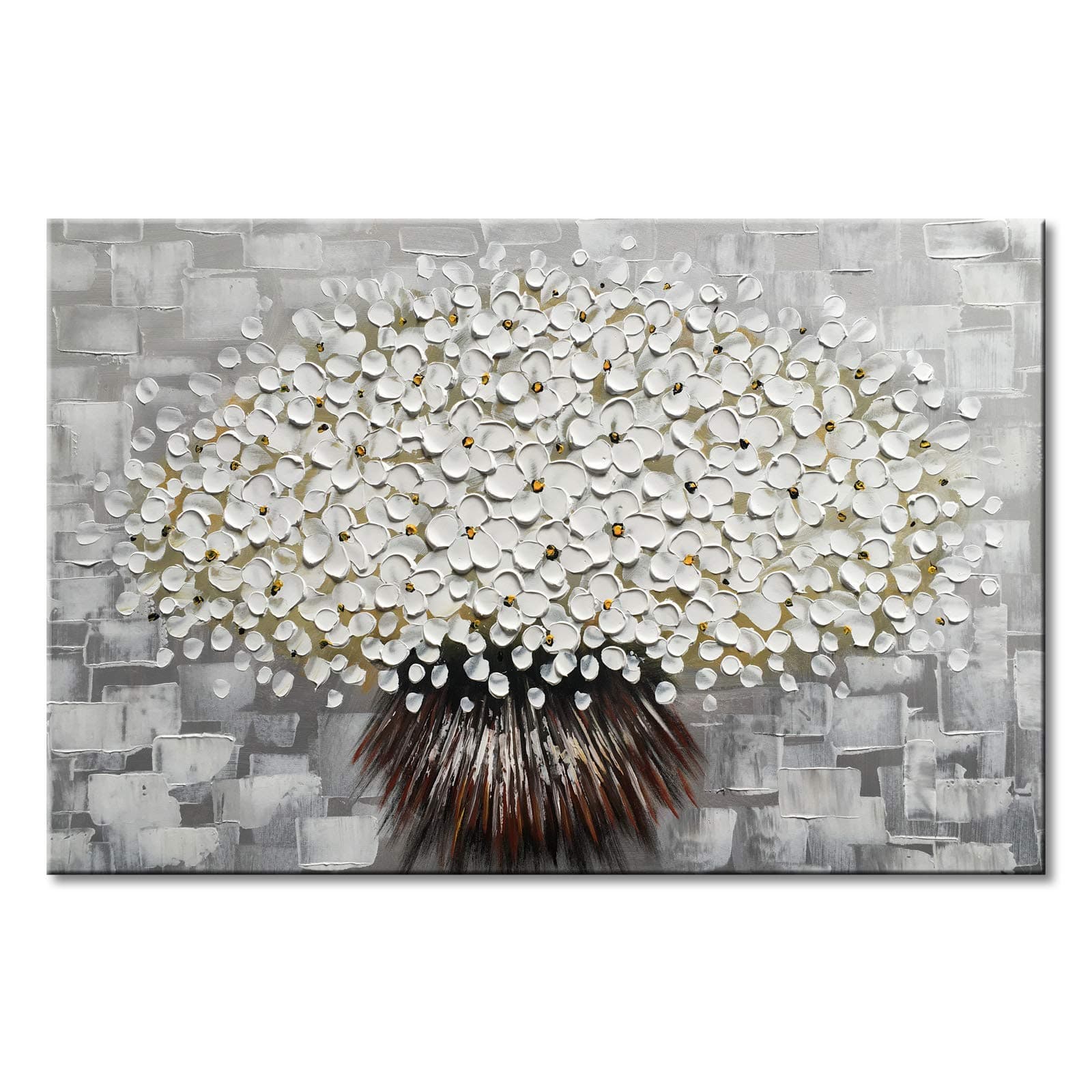 Hand Painted Textured White Flower Oil Painting Grey Abstract Wall Art Decor