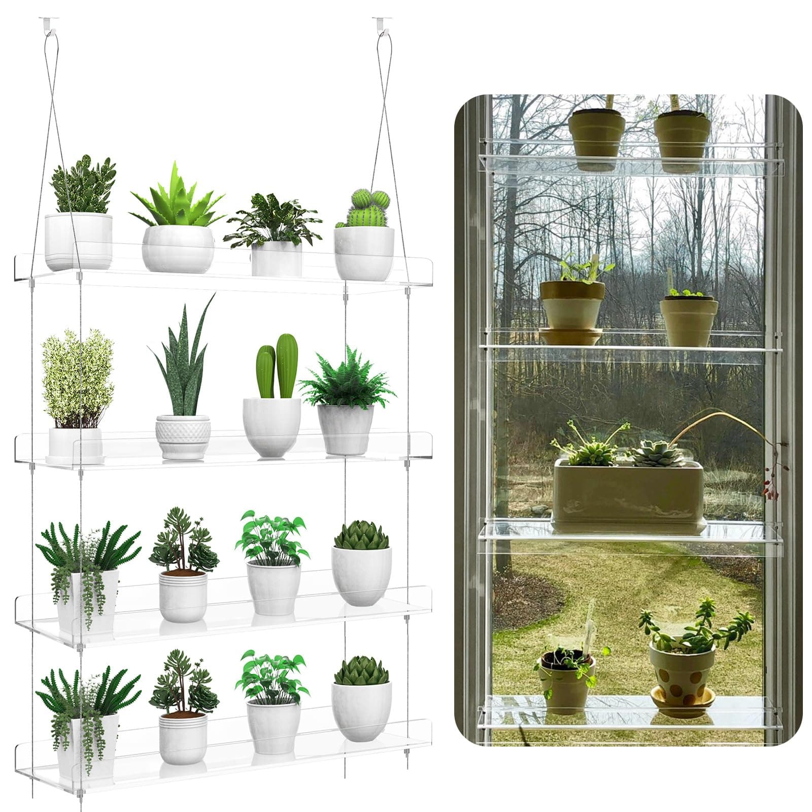 4-Tier Hanging Clear Plant Shelves for Windows, Acrylic Window Wall Plant Stand Shelf for Kitchen Indoor Gardens, Flower,Herb, Seedling Organization, and Pots Display, 16 Inch per Tier