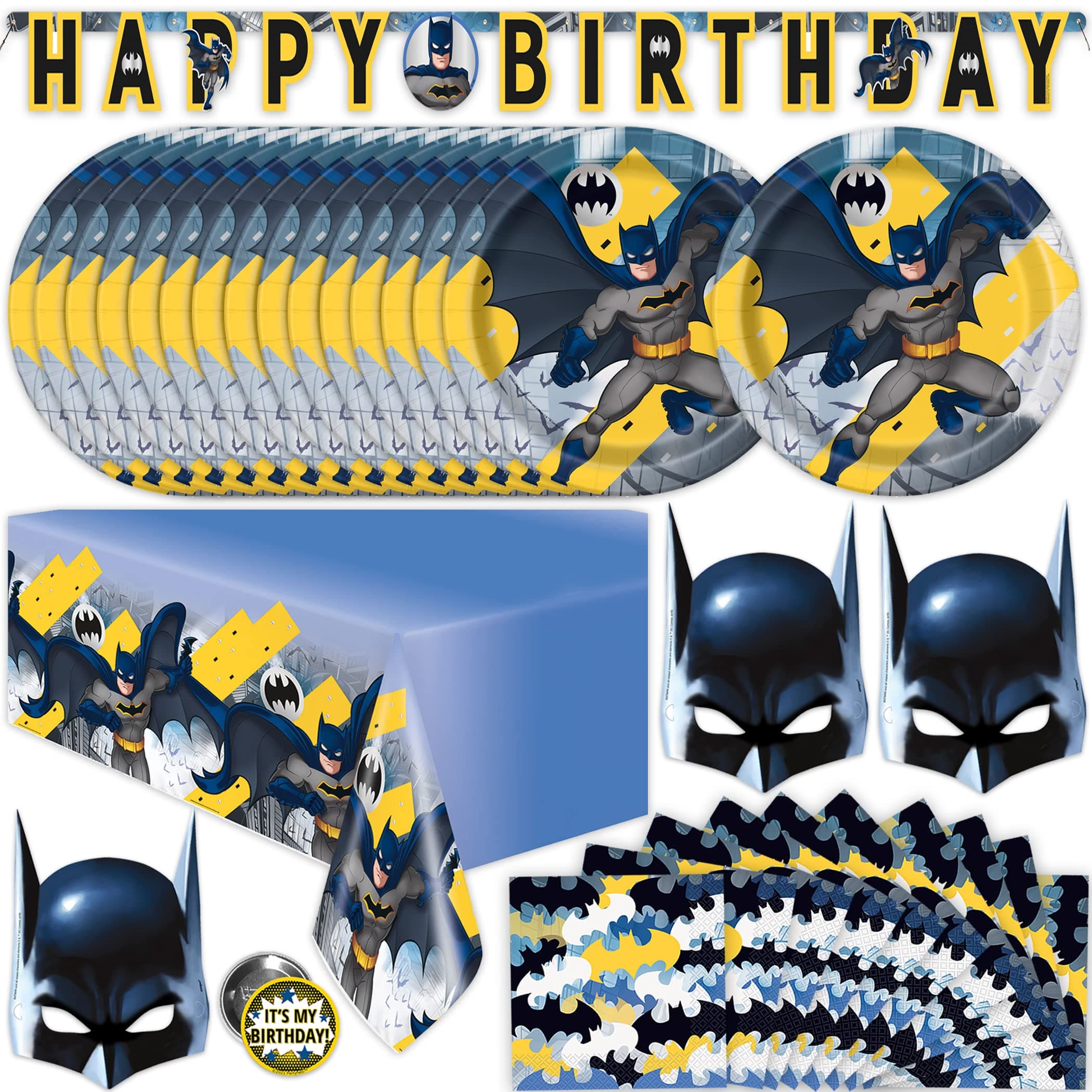 Unique Batman Birthday Party Supplies | Batman Party Decorations | With Banner, Table Cover, Masks, Plates, Napkins, Button | For 16 Guests
