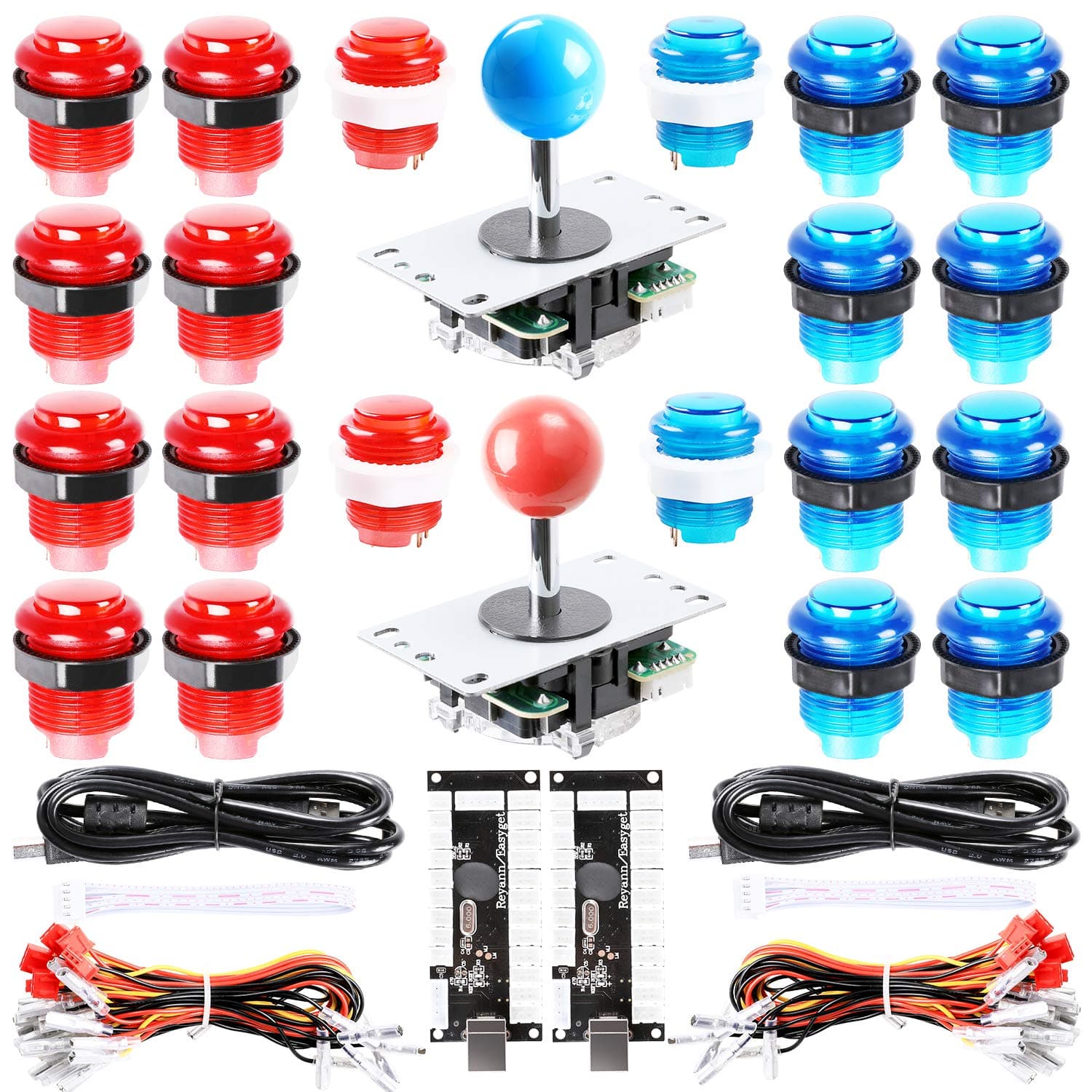 LED Arcade DIY Parts 2x Zero Delay USB Encoder + 2x 8 Way Joystick + 20x LED Illuminated Push Buttons for Mame Jamma Arcade Project Red + Blue Kits