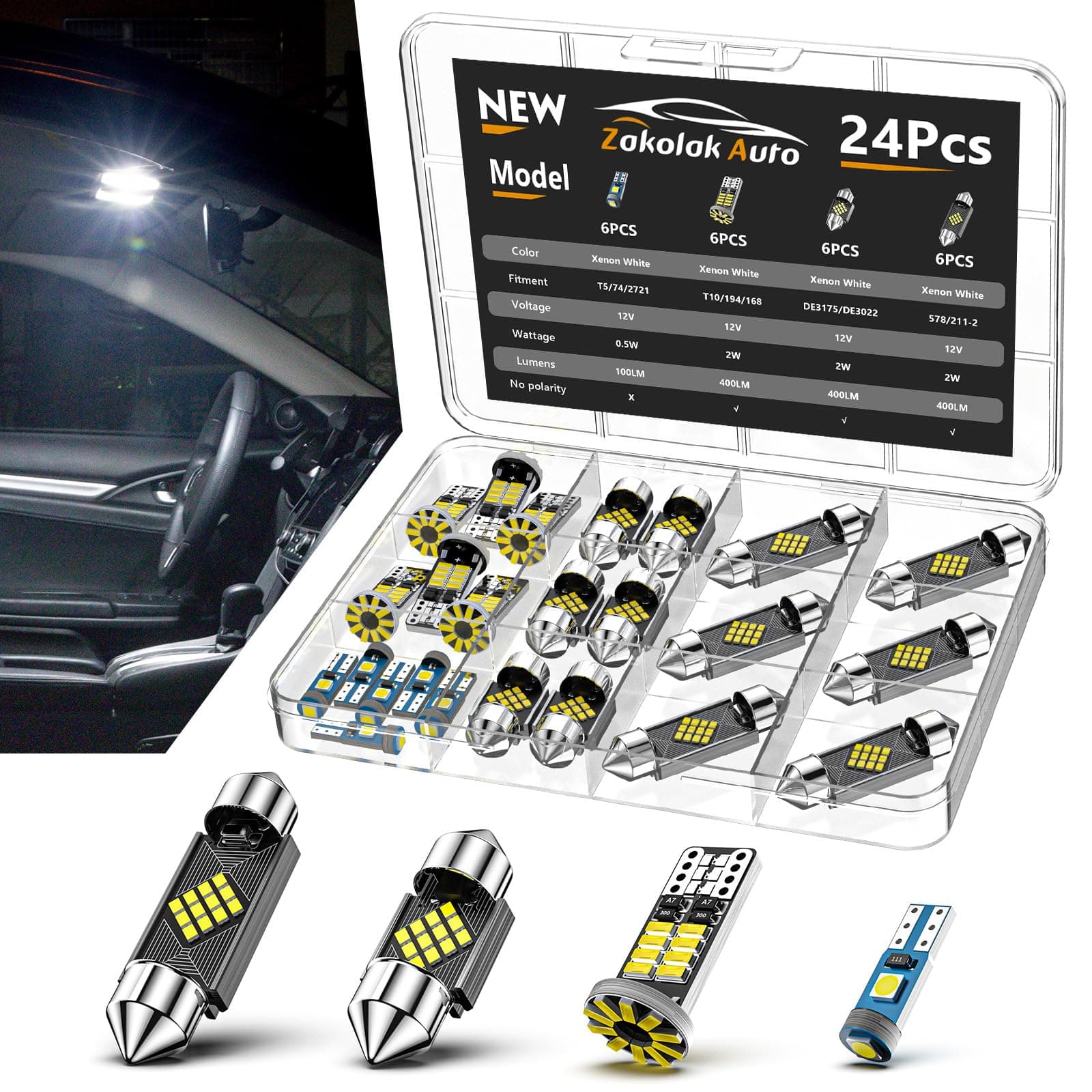 Zakolak 24PCS LED Interior Car Lights, Extremely Bright 6500K White LED Bulb Kit, Applicable to Dome Map Door Lights and Other Parts Replacement for Your Cars, to Help You See Inside The Car at Night