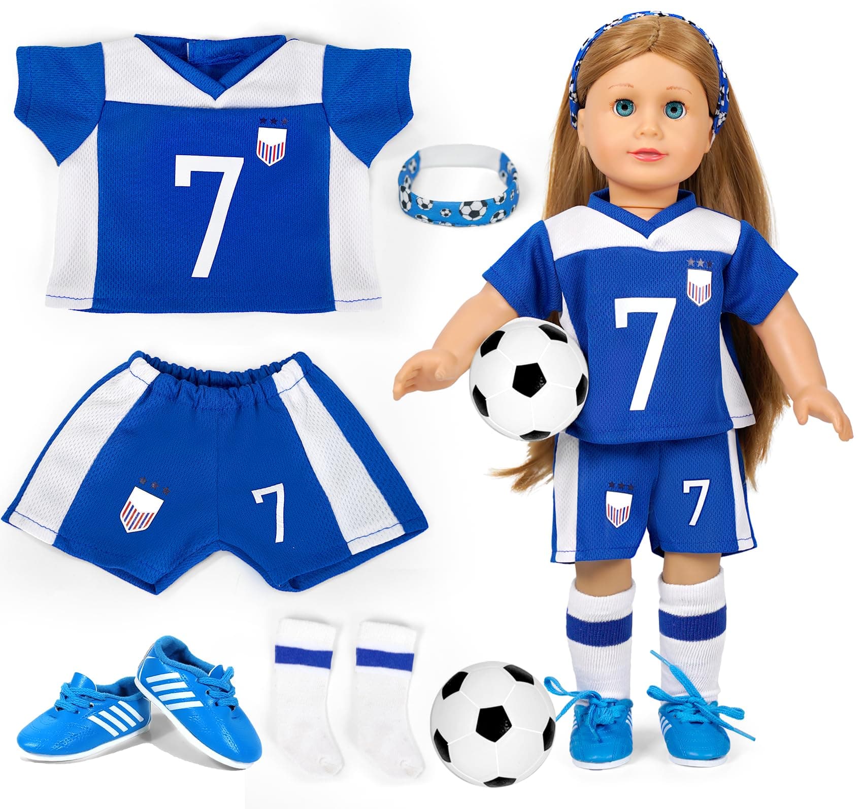 ARTST 18 Inch Doll Clothes 6 Piece 18" Doll Soccer Uniform - World Cup USA, American Soccer Outfit Fits 18 Inch Girl and Boy Dolls