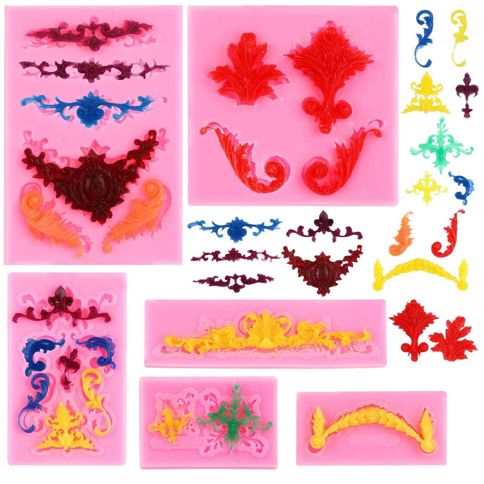 Sulawskys 6 Pieces Baroque Fondant Mold for Filigree Mold 3D Sculpted Flower Cake Border Decoration Cupcake Topper, Jewelry, Crafting Projects