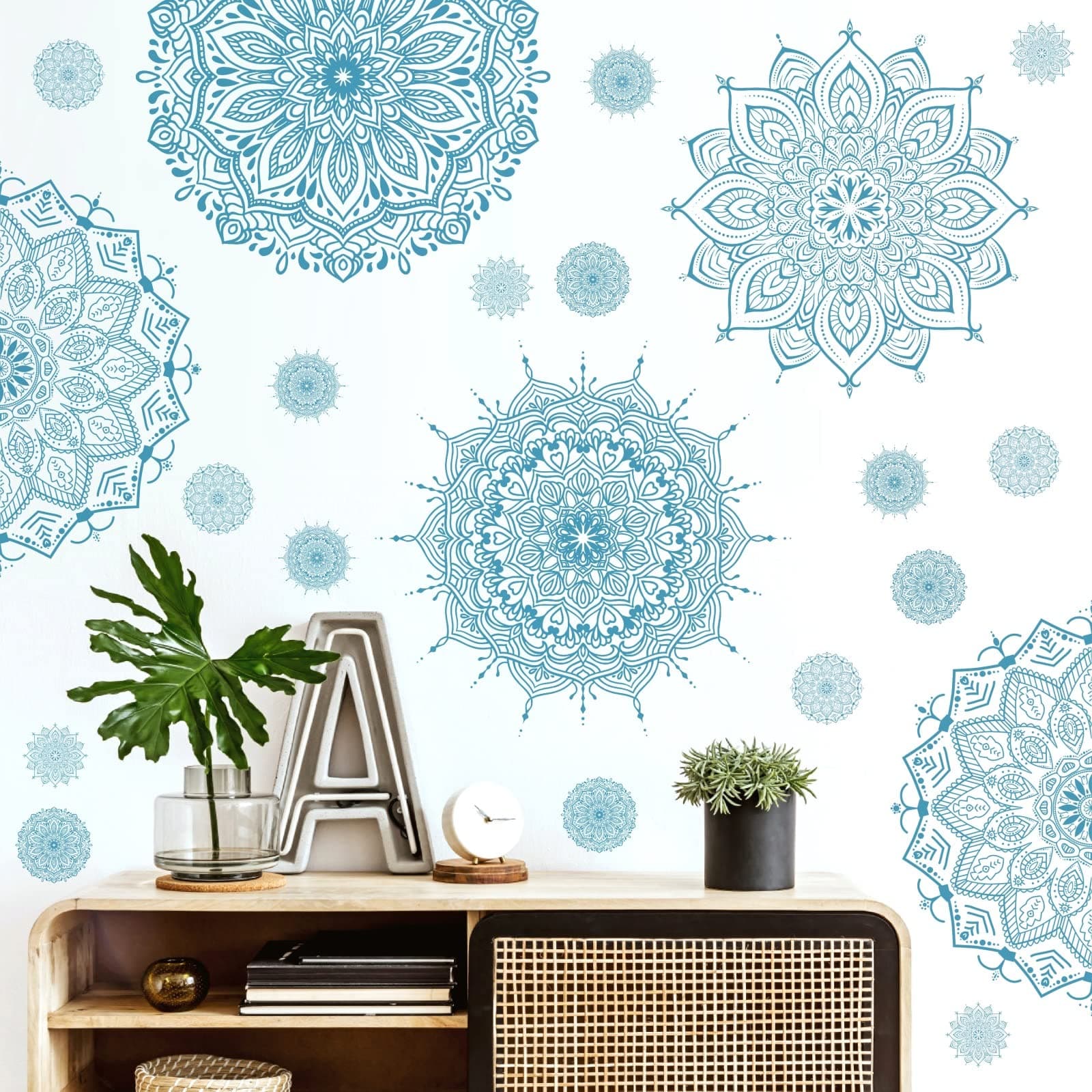 Light Blue Mandala Wall Stickers Boho Mandala Art Decals Lotus Flower Yoga Wall Decor Removable Large Mandala Stickers for Bedroom Living Room Meditation Space Home Decor