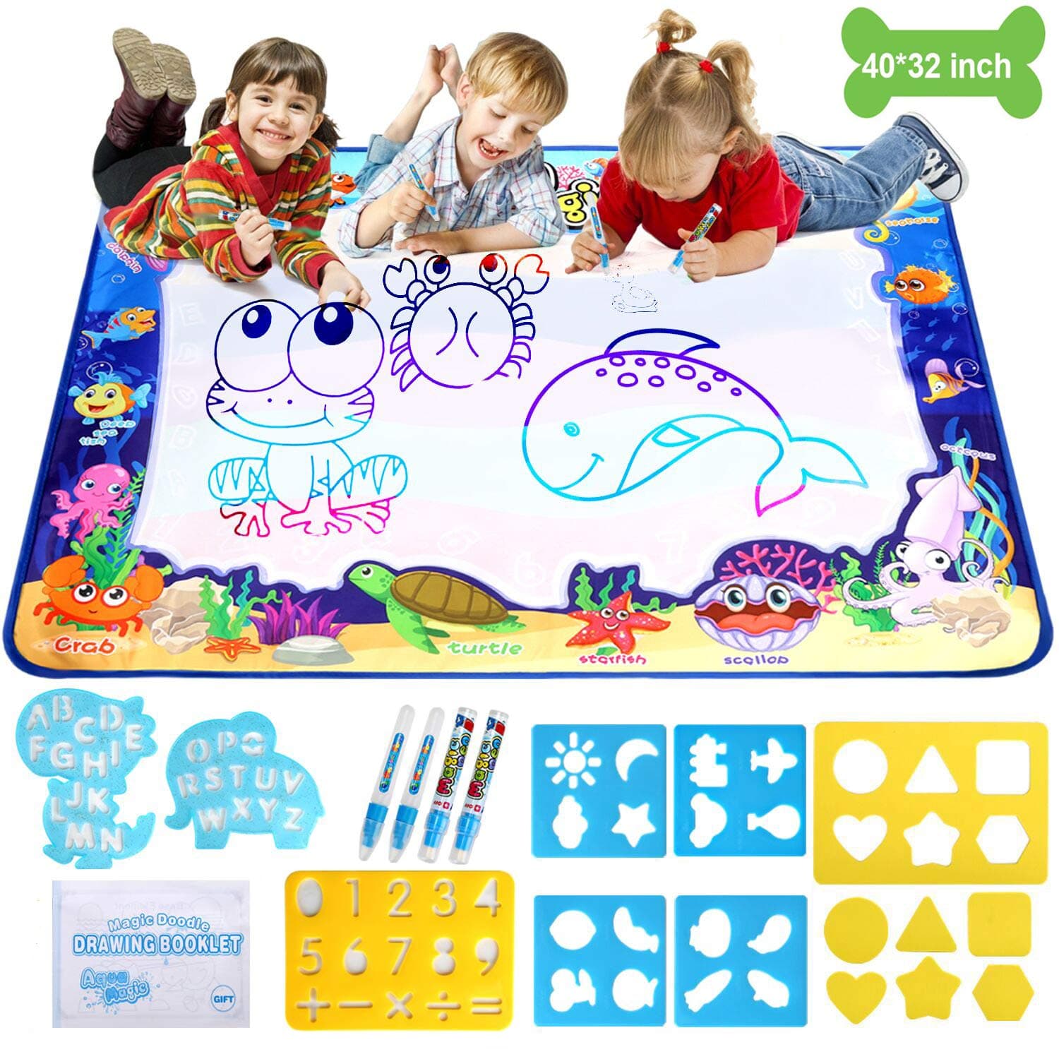 Water Magic Mat, Aqua Drawing Magic Mat, Water Painting Doodle Mat with 4 Magic Pens Developmental Educational Toys for Toddlers Kids (40 X 32 Inches)