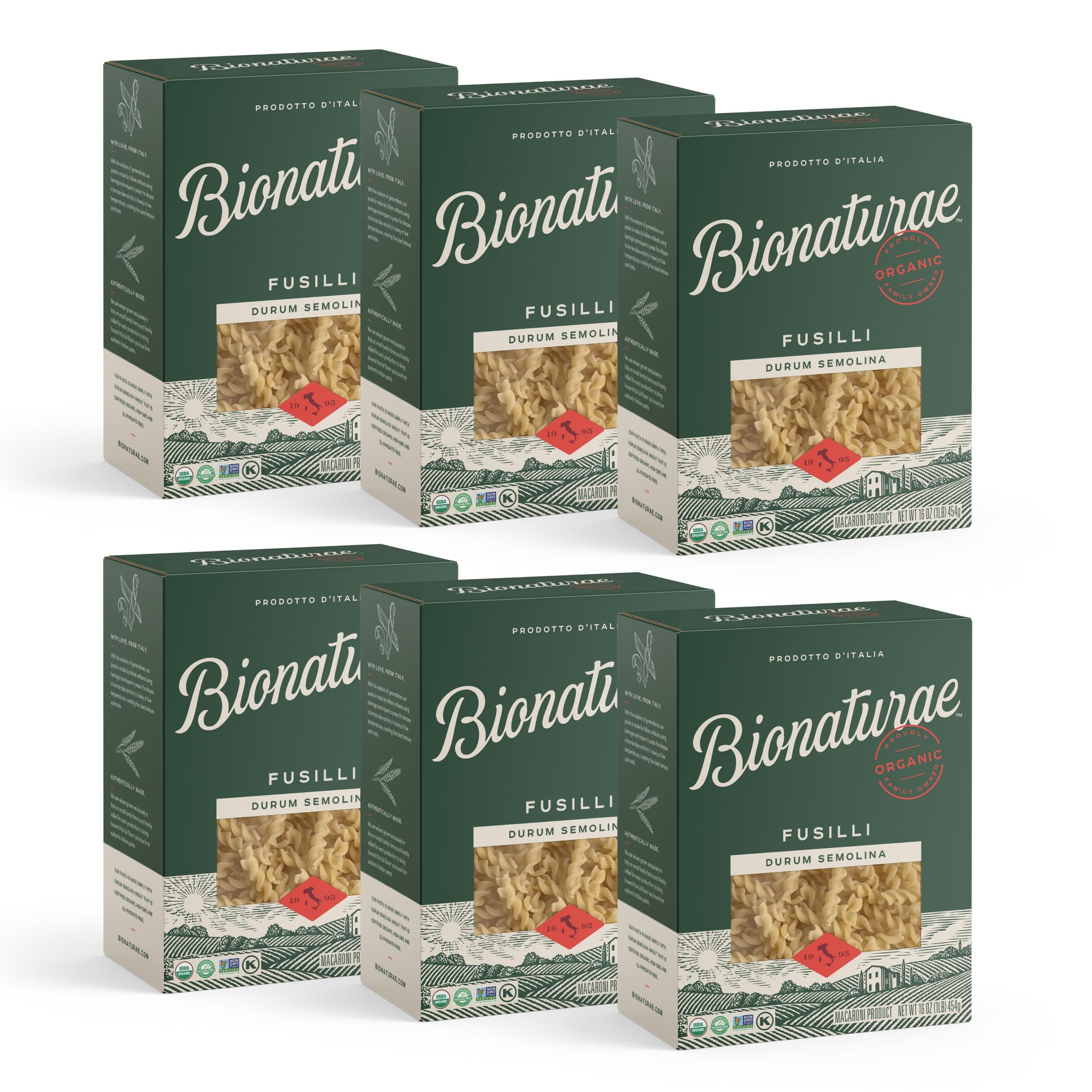 Bionaturae Fusilli Pasta Noodles - Durum Semolina Pasta, Kosher, High Protein, Non-GMO Verified, USDA Certified, Durum Semolina Fusilli, Fusilli Pasta Organic, Crafted in Italy - 16 Oz, 6 Pack