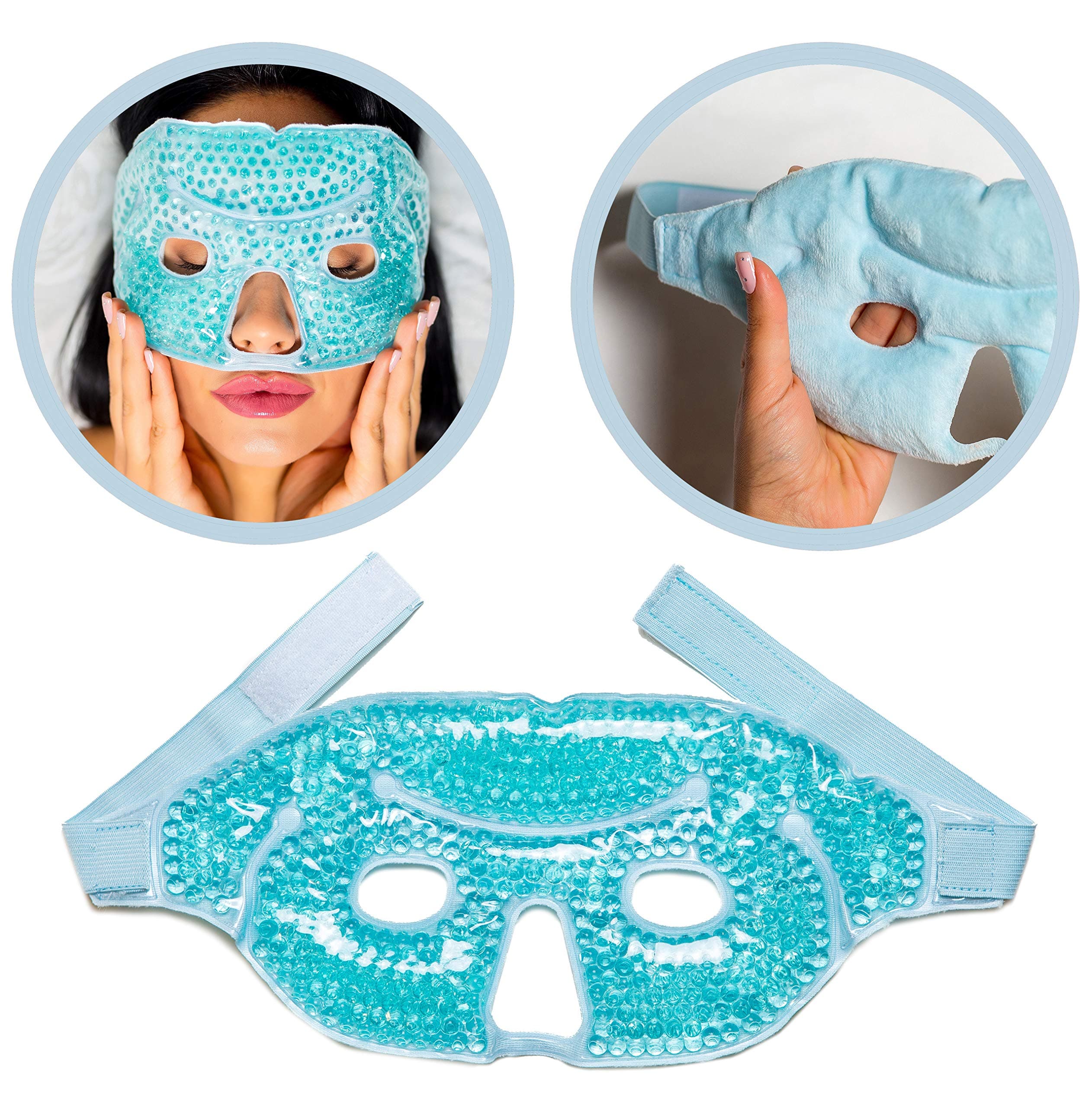 Gel Face Mask Cold Pack – Hot Cold Therapy Gel Bead Full Facial Mask - Ice Mask Migraine Headache – Relaxation Stress Heat Pain Relief – Reduces Puffiness Eyes Dark Circles Under Eyes (Blue)