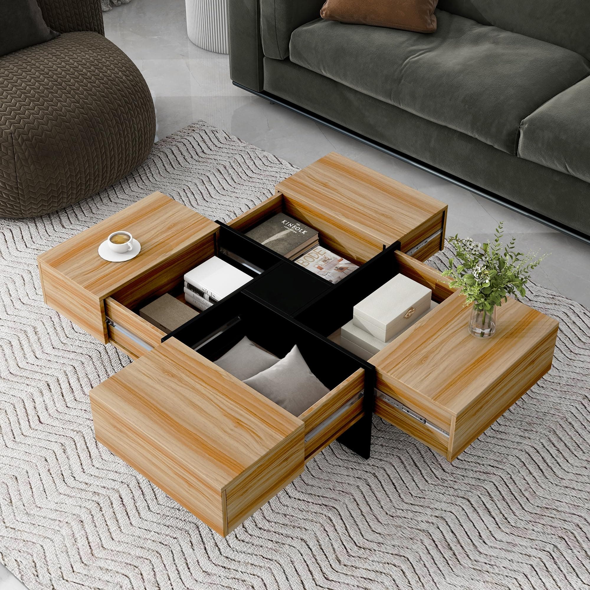 Square Coffee Table 4 Hidden Storage Compartments Cocktail Table with Extendable Sliding Tabletop UV High-Gloss Center Table for Living Room Brown