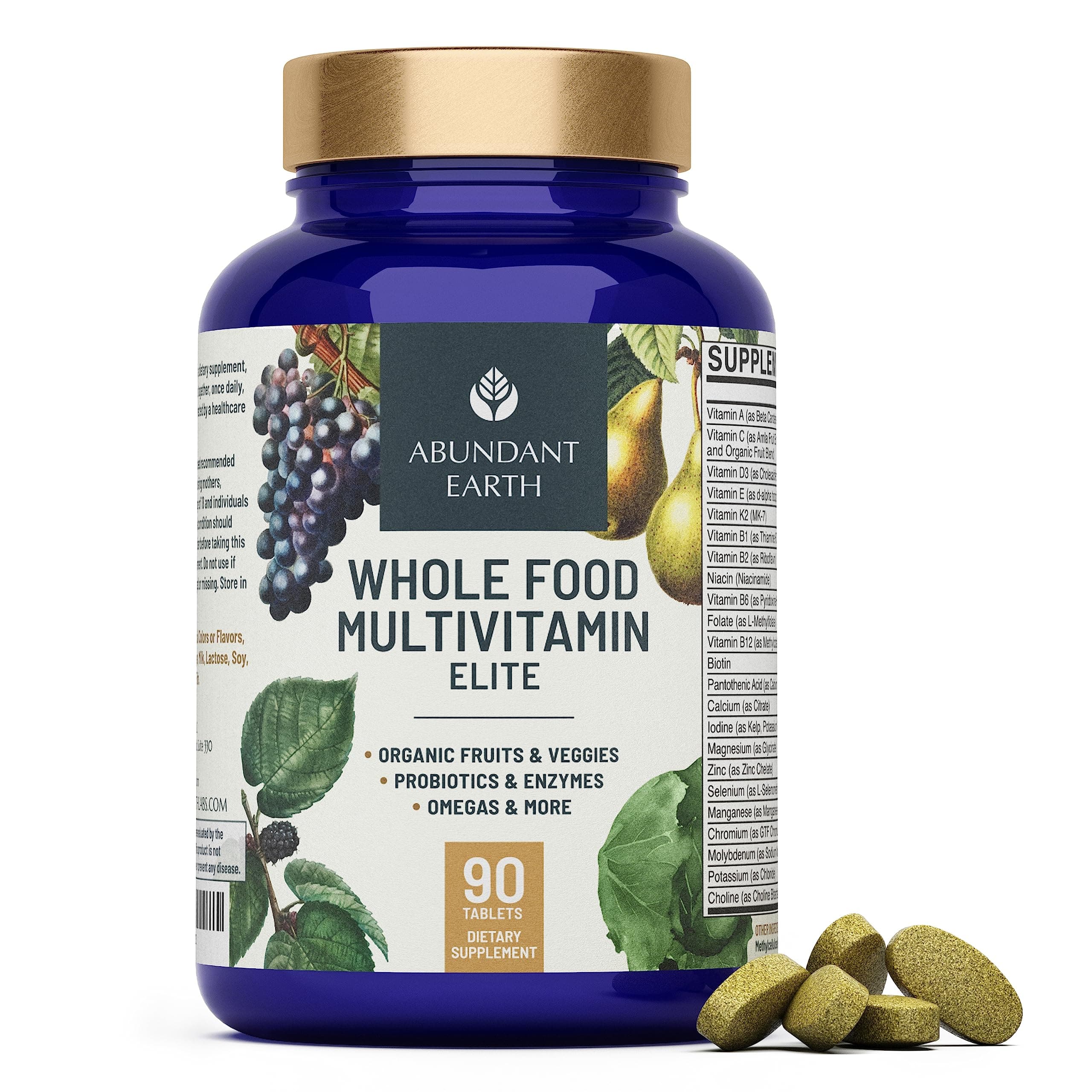 Abundant Earth Whole Food Multivitamin for Women Daily Multi Vitamins Supplements for Men Mens Multivitamins + B Complex, Probiotic Multi Enzyme, Omegas for Organic Energy Mood Digestion 90ct-2pk