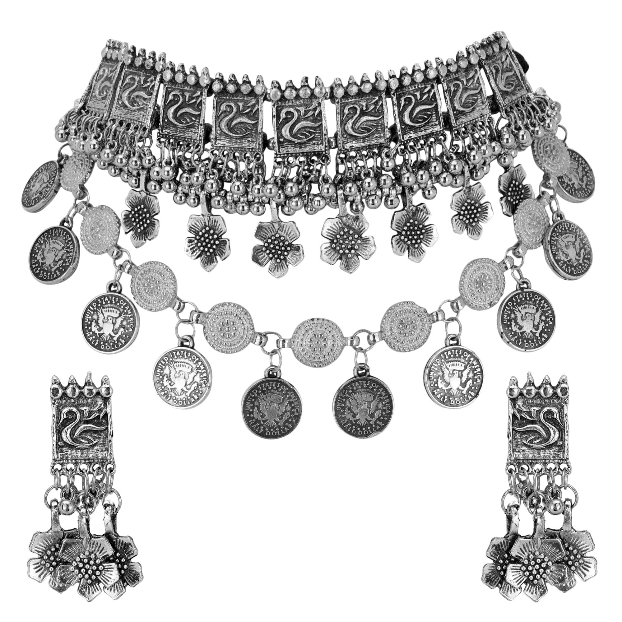 - Exclusive German Silver Oxidized Traditional Latest Fashion Peacock Choker Necklace with Earrings Jewellery Set for Women and Girls