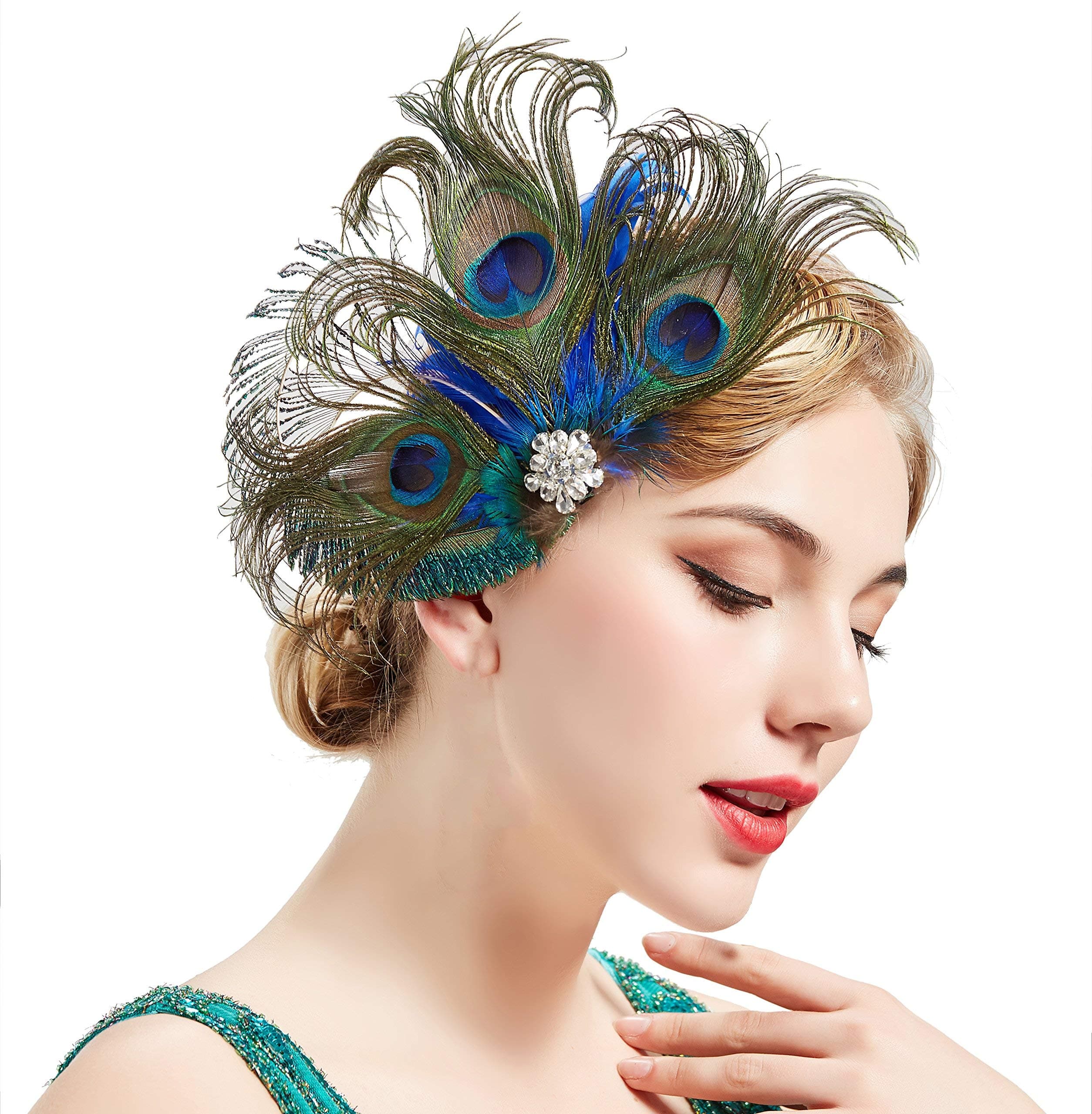 Excefore Peacock Feather Fascinator Hair Clip Headband 1920s Costume Flapper Headpiece with Rhinestones