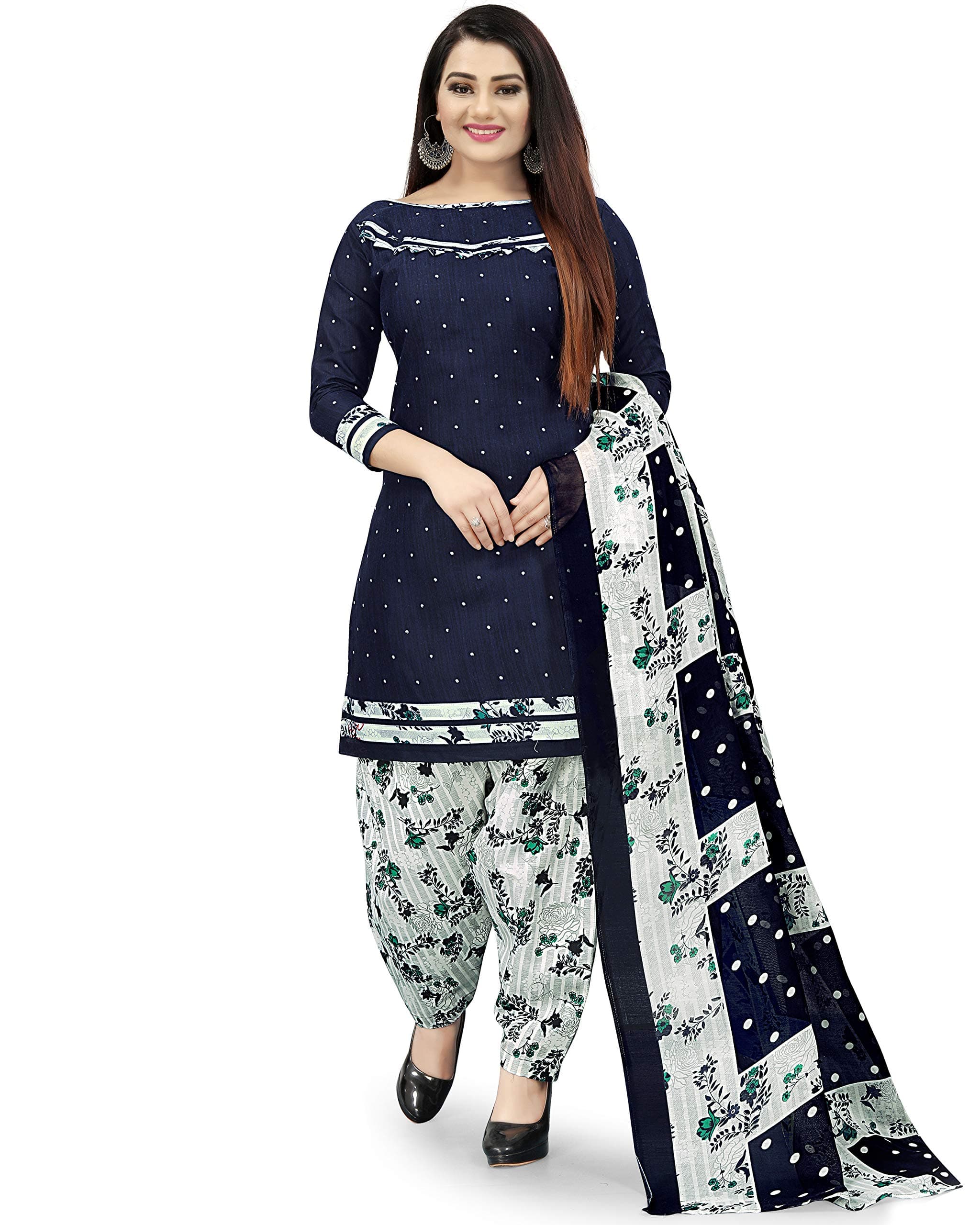 Indian/pakistani salwar kameez Women's Navy Blue Cotton Printed Unstitched Salwar Suit Material