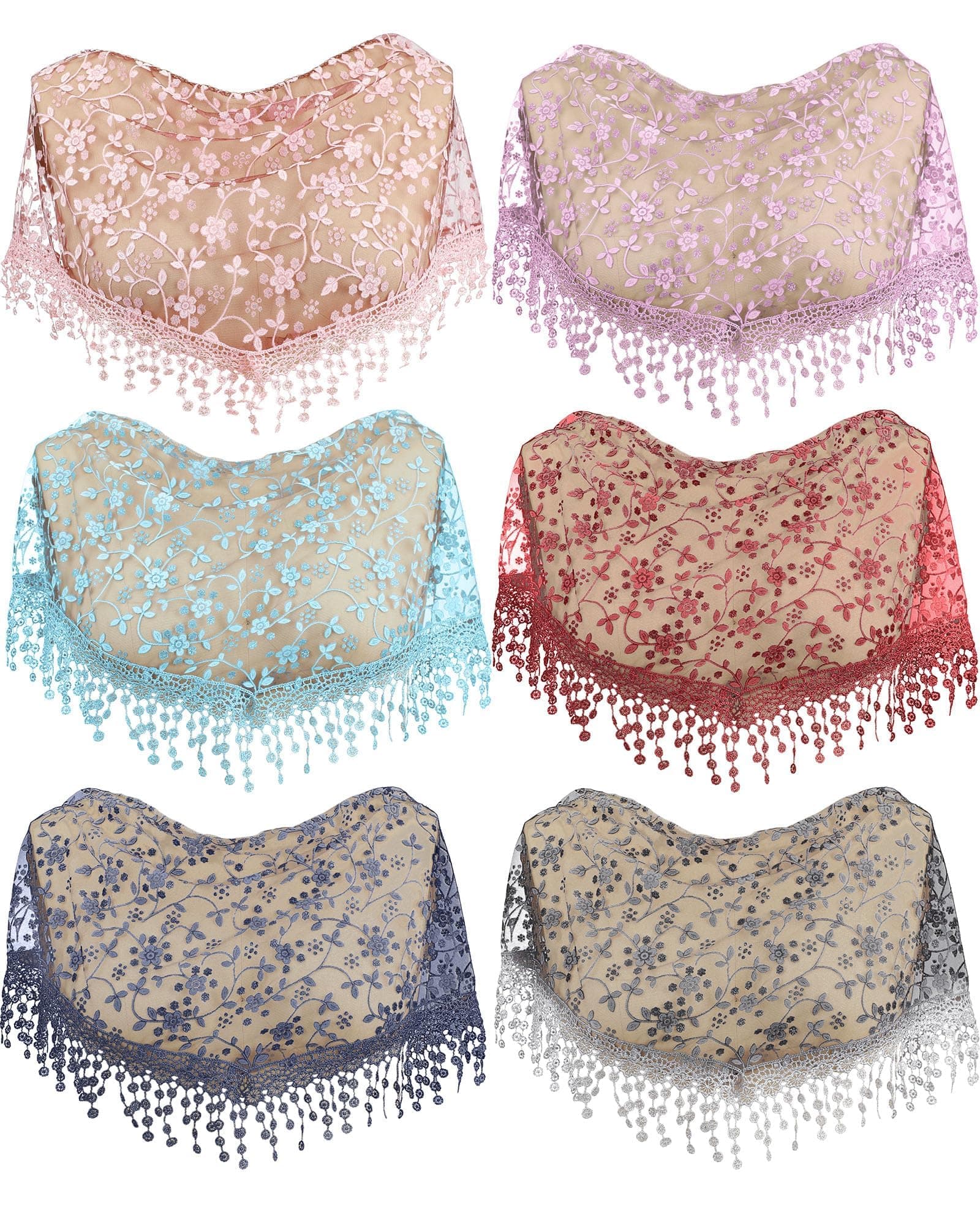 Azonee6 Pcs Floral Lace Veil Head Covering, Wedding Bridal Veil Headscarf Shawl Short Scarf Wrap, Mass Veils, Triangle Lace Mantilla Floral Tulle Scarf Covering