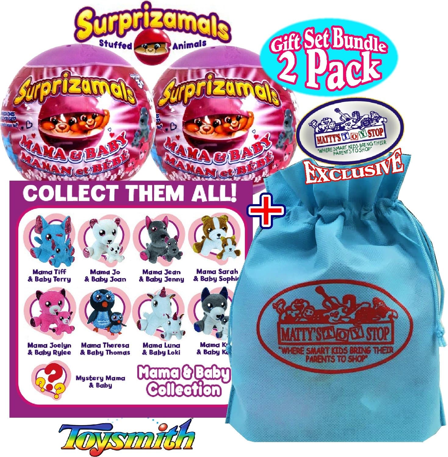 Surprizamals Mama & Baby Stuffed Animals Surprise Mystery Plush in a Ball Gift Set Party Bundle with Exclusive Matty's Toy Stop Storage Bag - 2 Pack (Assorted)