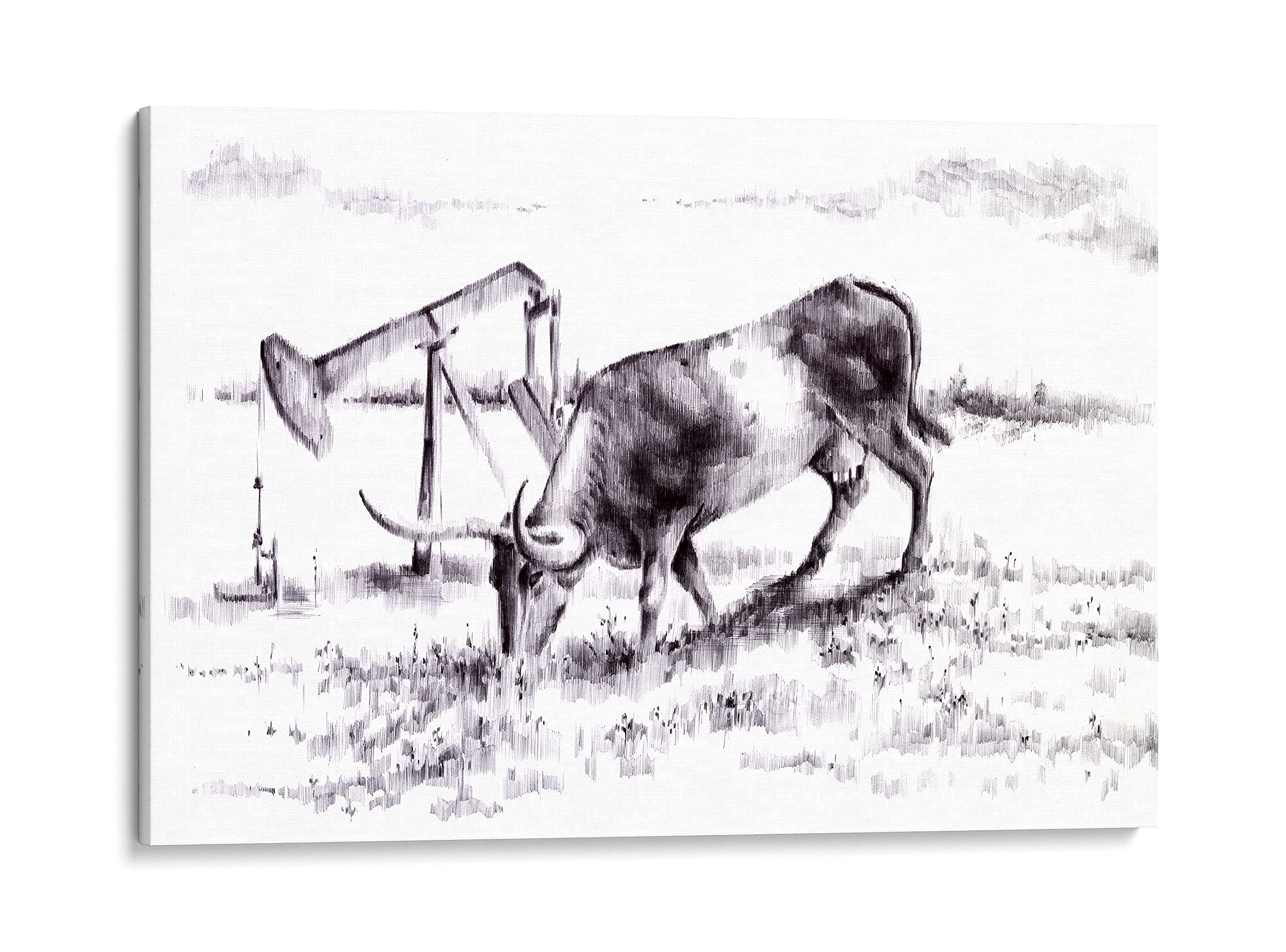 INTALENCE ART Texas Longhorn Cow Wall Art Decor, Modern Abstract Sketch Print on Canvas, 24x32 inches Large Animal Oil Field Picture Home Decor, Unique Black and White Living Room Bathroom Office Poster Decoration, Wrapped Artwork Easy Ready to Hang