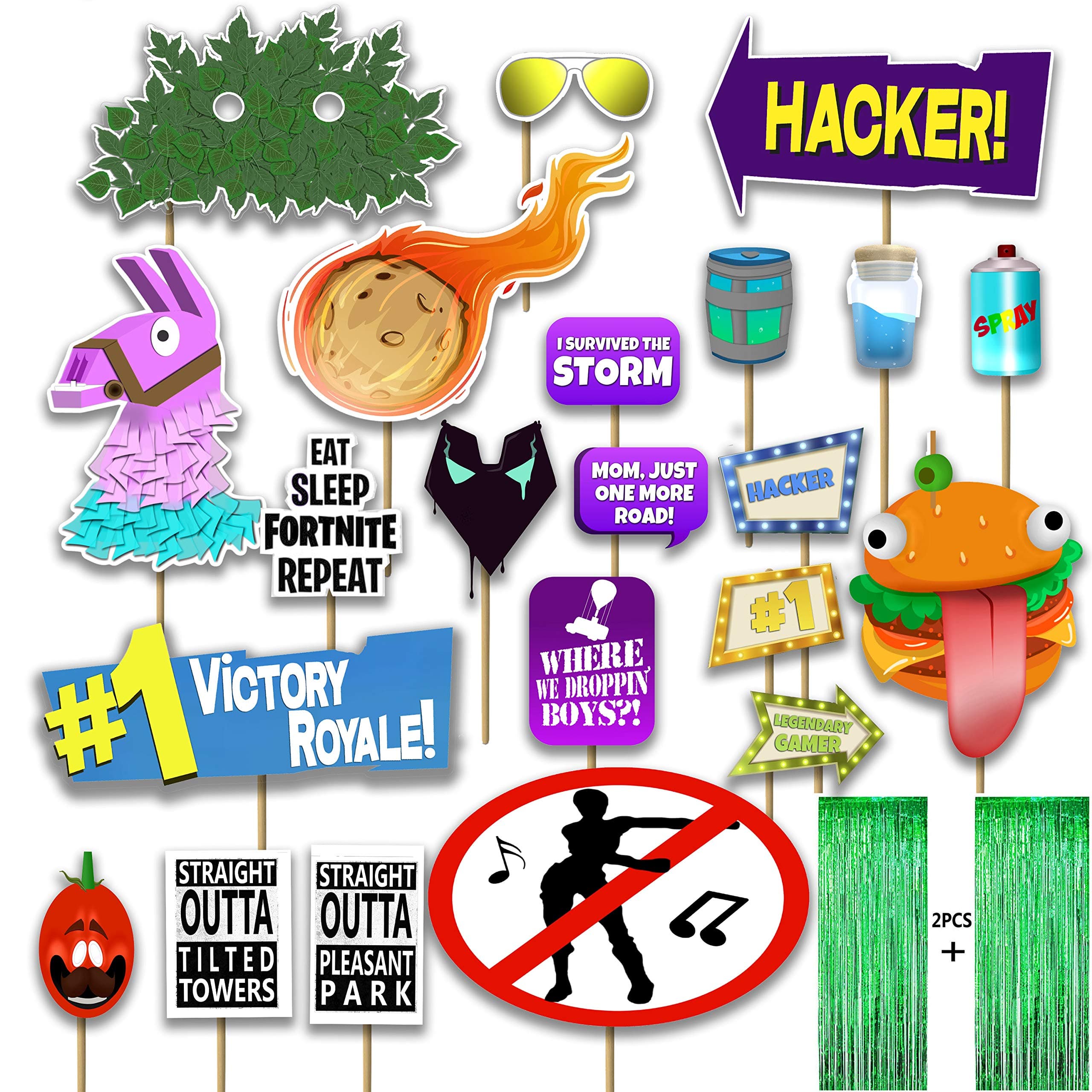 Gaming Party Supplies Video Game Centerpiece Photo Booth Props Birthday And Decoration 22 Pieces Set + 2 Green Metallic Foil Fringe Curtains 1 * 2 m. | Favor Supply Package | Cake Topper