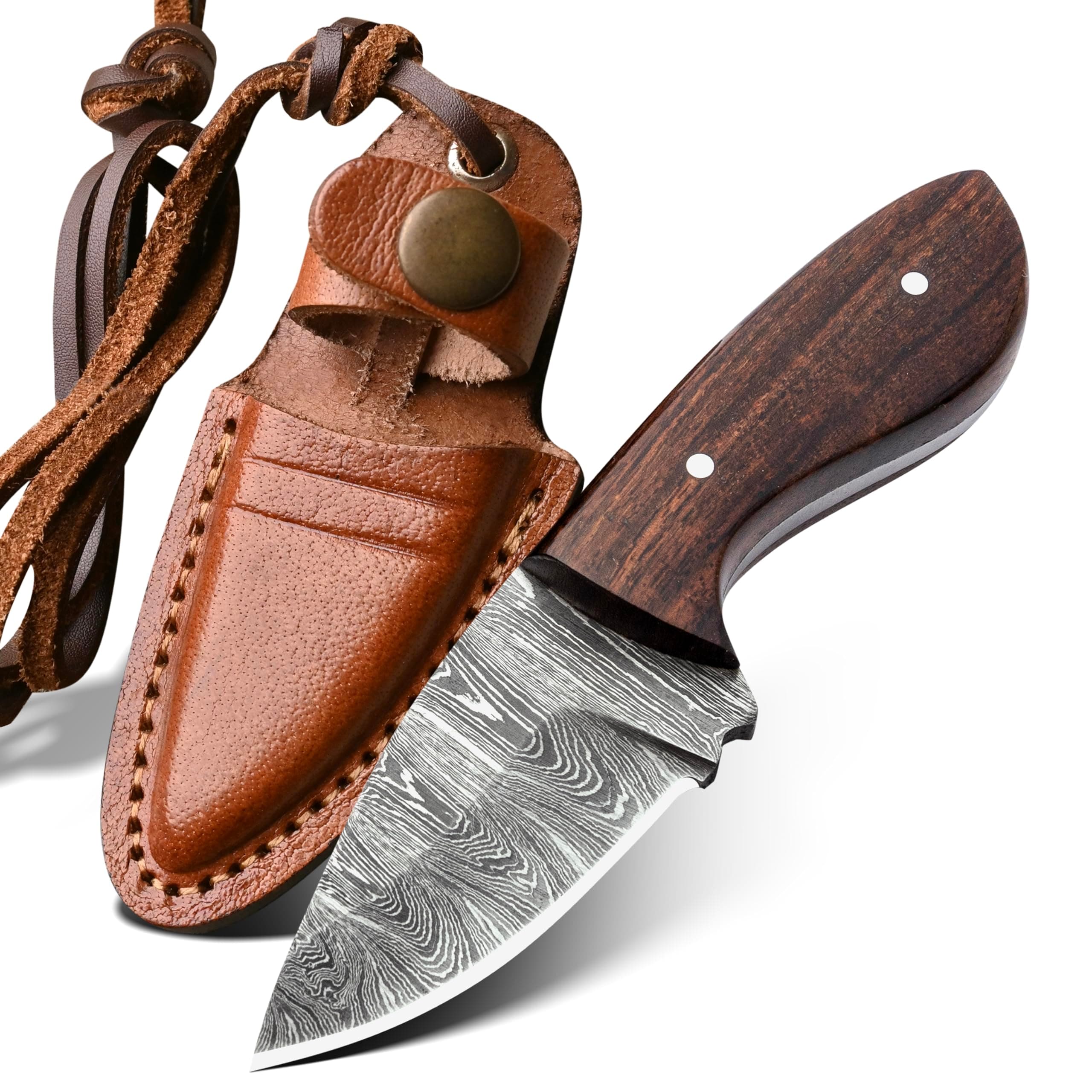4.5" Damascus Small Neck Knife with sheath-Full Tang Knife necklace for Men Small Fixed Blade Knife for EDC, Camping, Outdoor, Skinning and Gift For Men