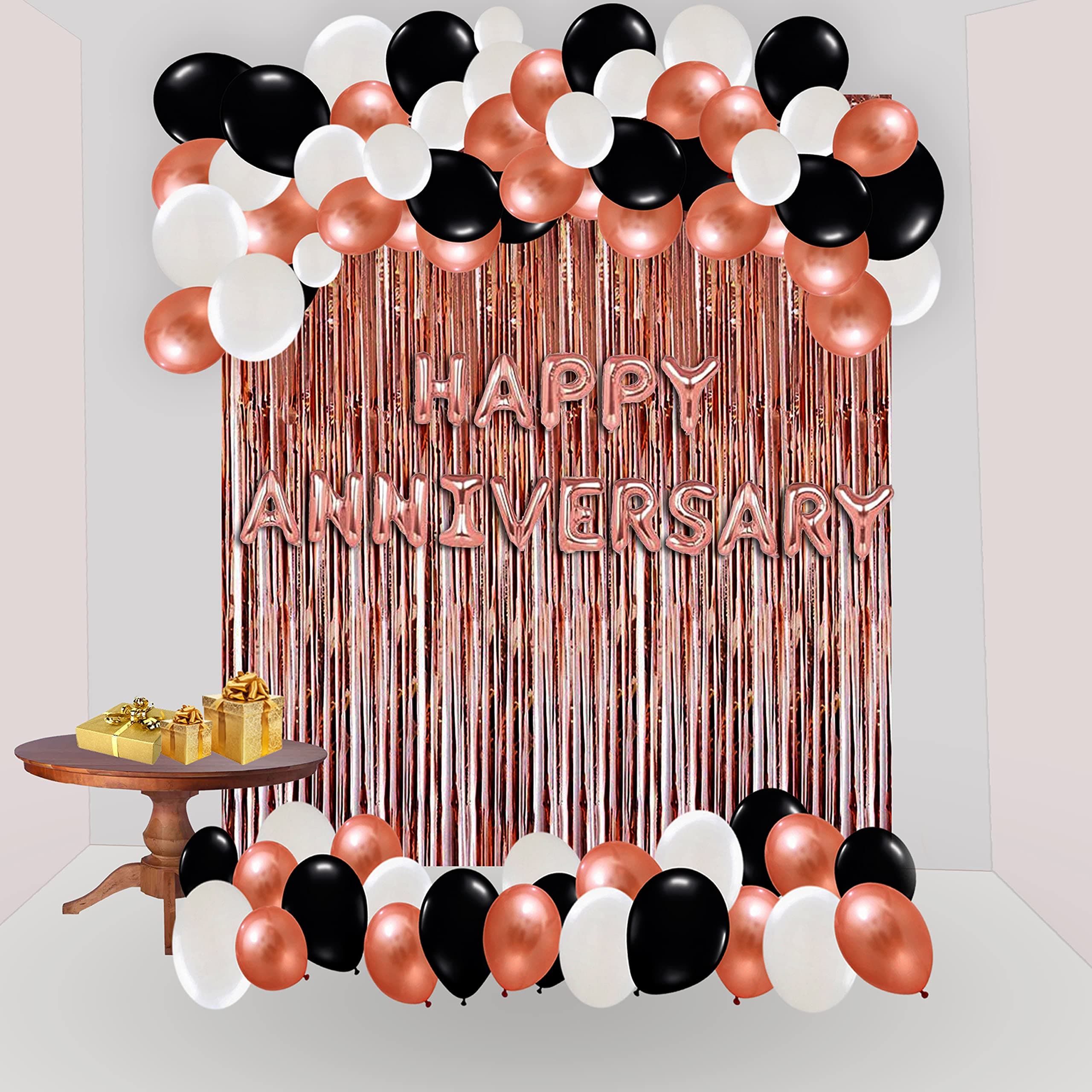 YNS CRAFTS STOCK Happy Anniversary Decoration Set Of 78 Balloon 16 Happy Anniversary Foil Balloon 2 Rose Gold Curtain 60 Black Rose Gold White Balloon For Decotation of Happy Anniversary