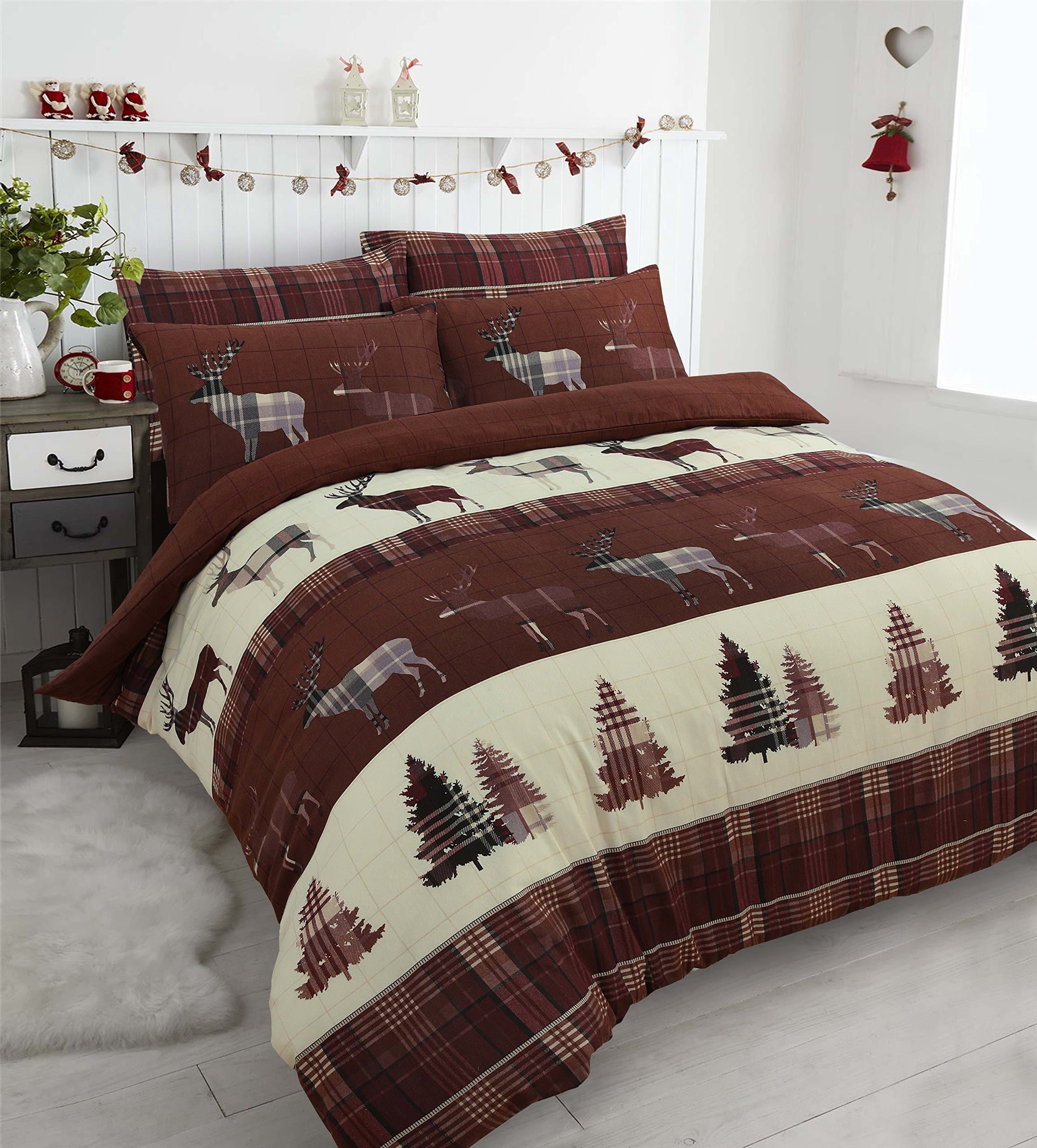 EHD Stag Flannelette 100% Natural Brushed Cotton Luxurious Duvet Cover Sets Reversible Bedding Sets With Matching Pillowcases By NZ (Chocolate, Double)