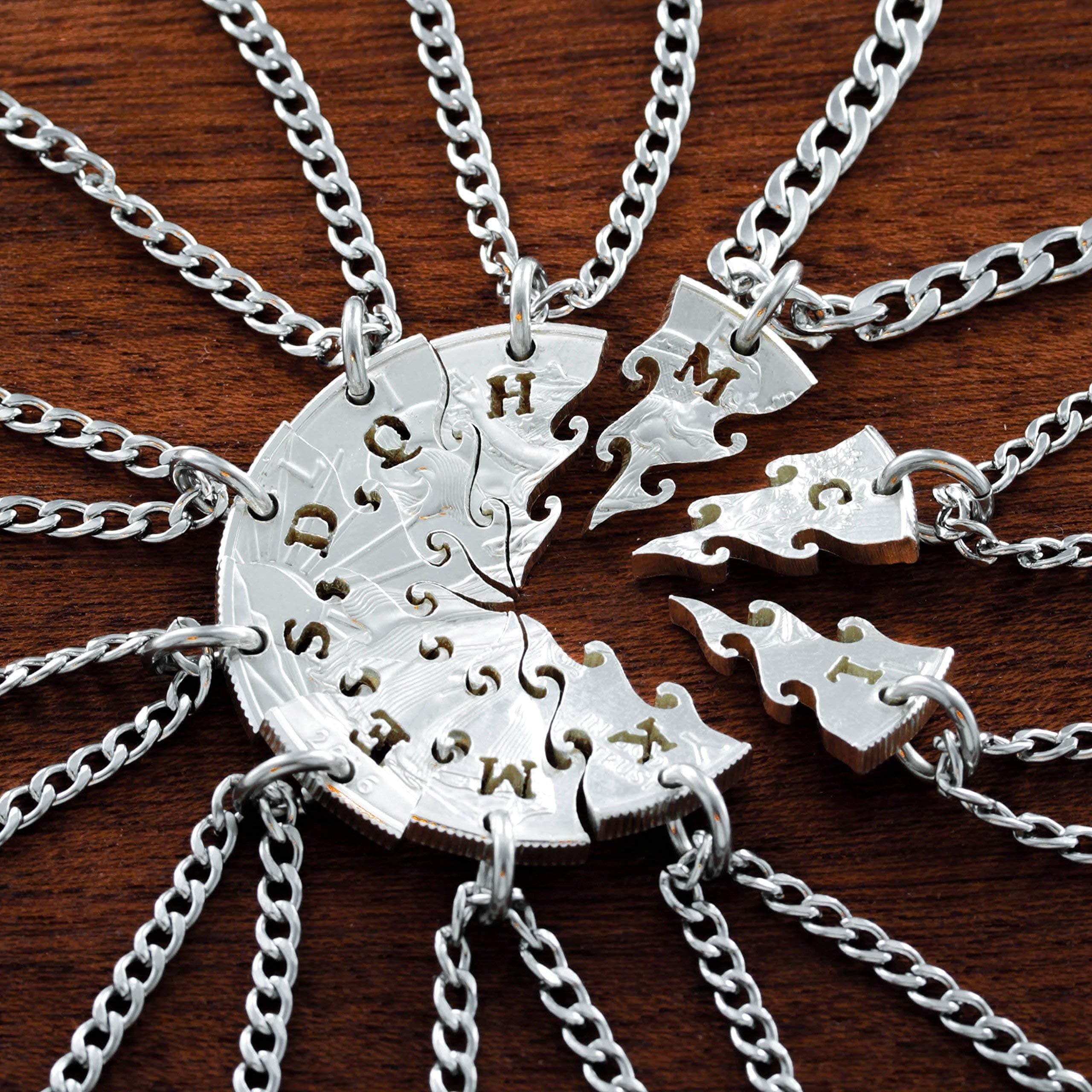 10 Puzzle Piece Silver Necklaces, Wedding Party Gifts, Interlocking Jewelry Set, Hand Cut Silver Dollar, By NameCoins