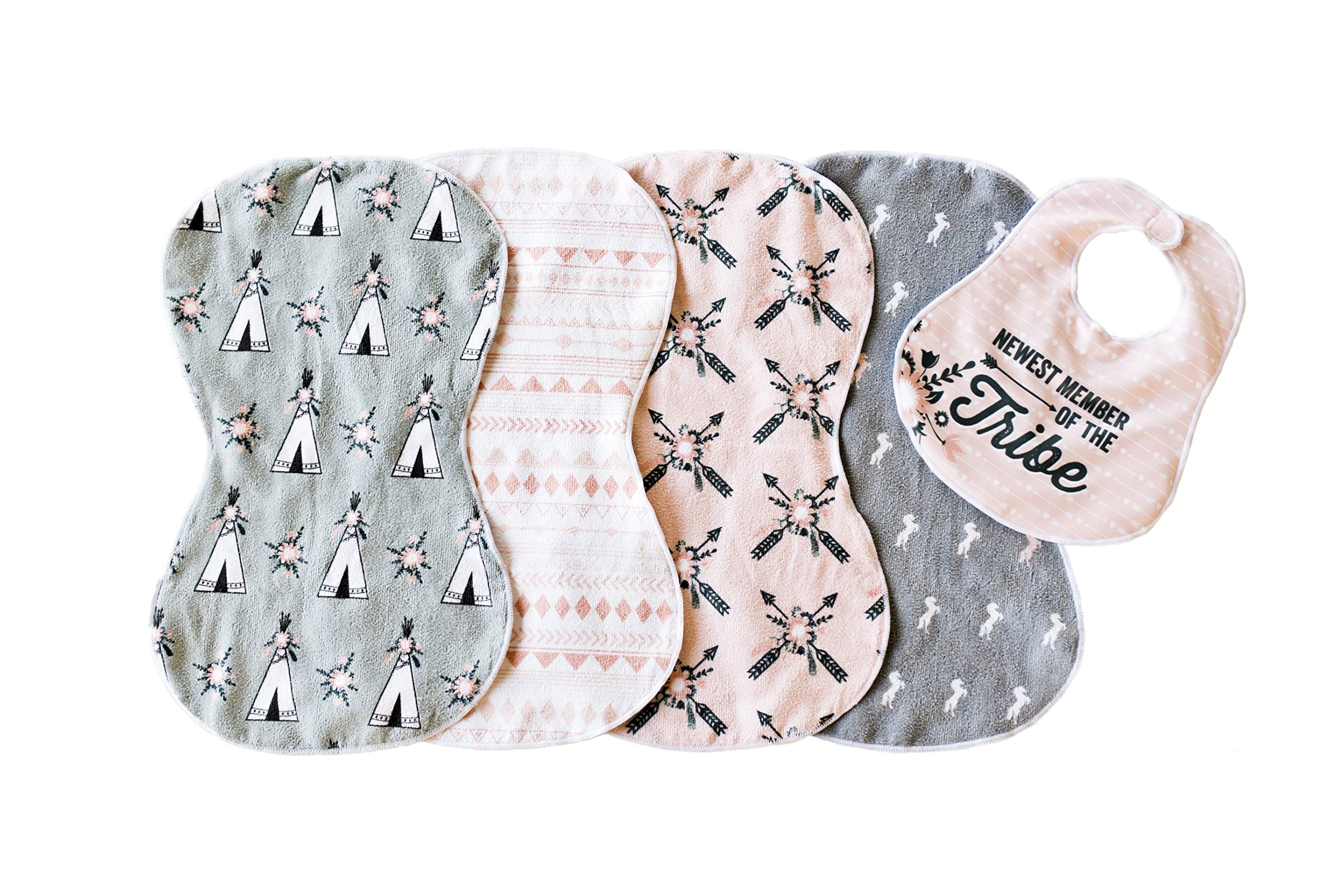 Imperfect Penelopy Baby Burp Cloths and Bib for Girls, 4 Double Sided Microfiber Terry Burp Cloths and Matching Bib, Extra Large, Burping Rags for Newborns, Soft & Absorbent