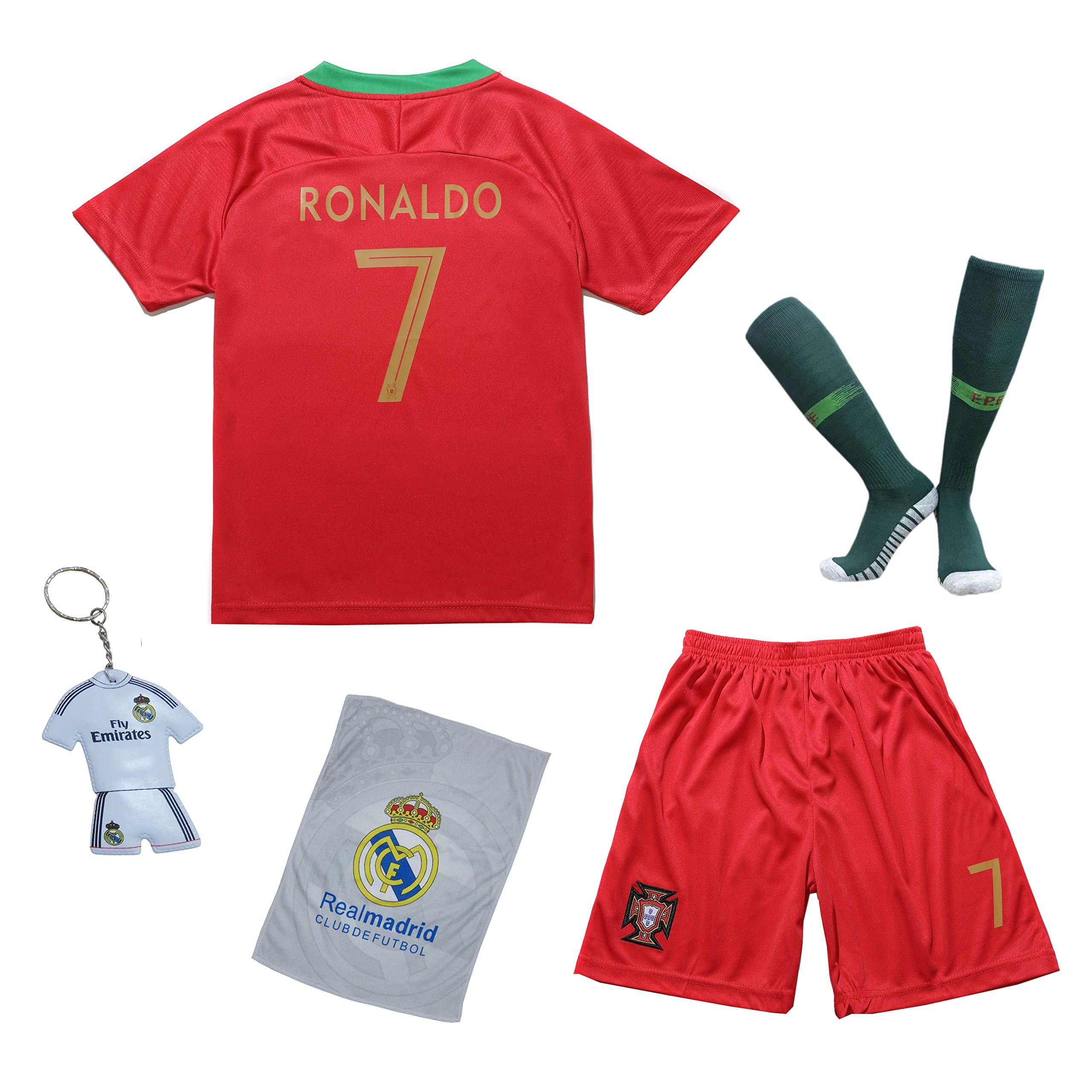 2018 Portugal Cristiano Ronaldo #7 Home Red Kids Soccer Football Jersey Gift Set Youth Sizes (Home Red, 3-4 Years)