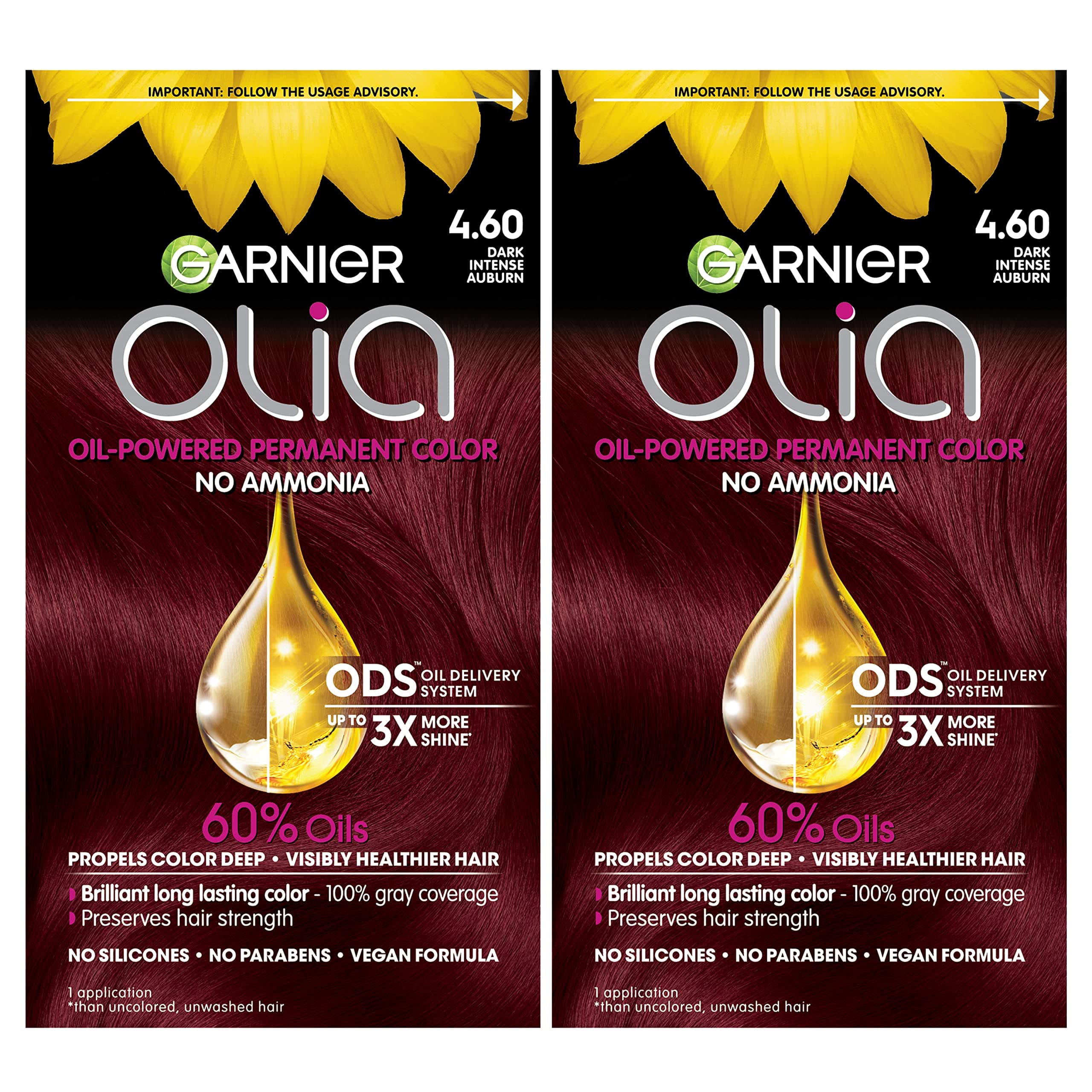 Olia Ammonia-Free Brilliant Color Oil-Rich Permanent Hair Color, 4.60 Dark Intense Auburn (2 Count) Red Hair Dye