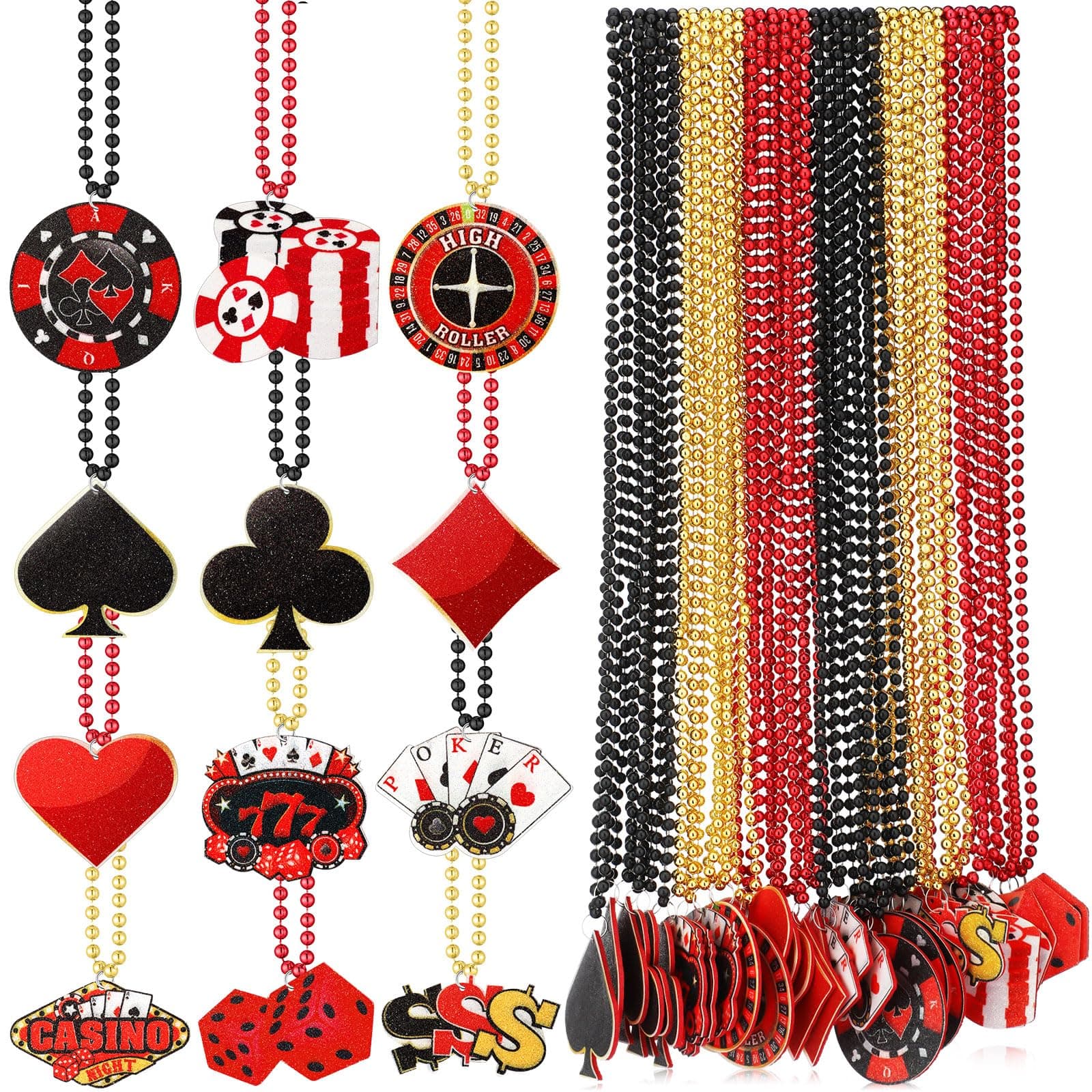 Ferreve 36 Pcs Casino Night Beaded Necklaces Bulk 12 Styles Casino Dice Dollar Sign Necklaces Gold Red Black Beaded Necklace for Birthday Party Favors Supplies (Dice)