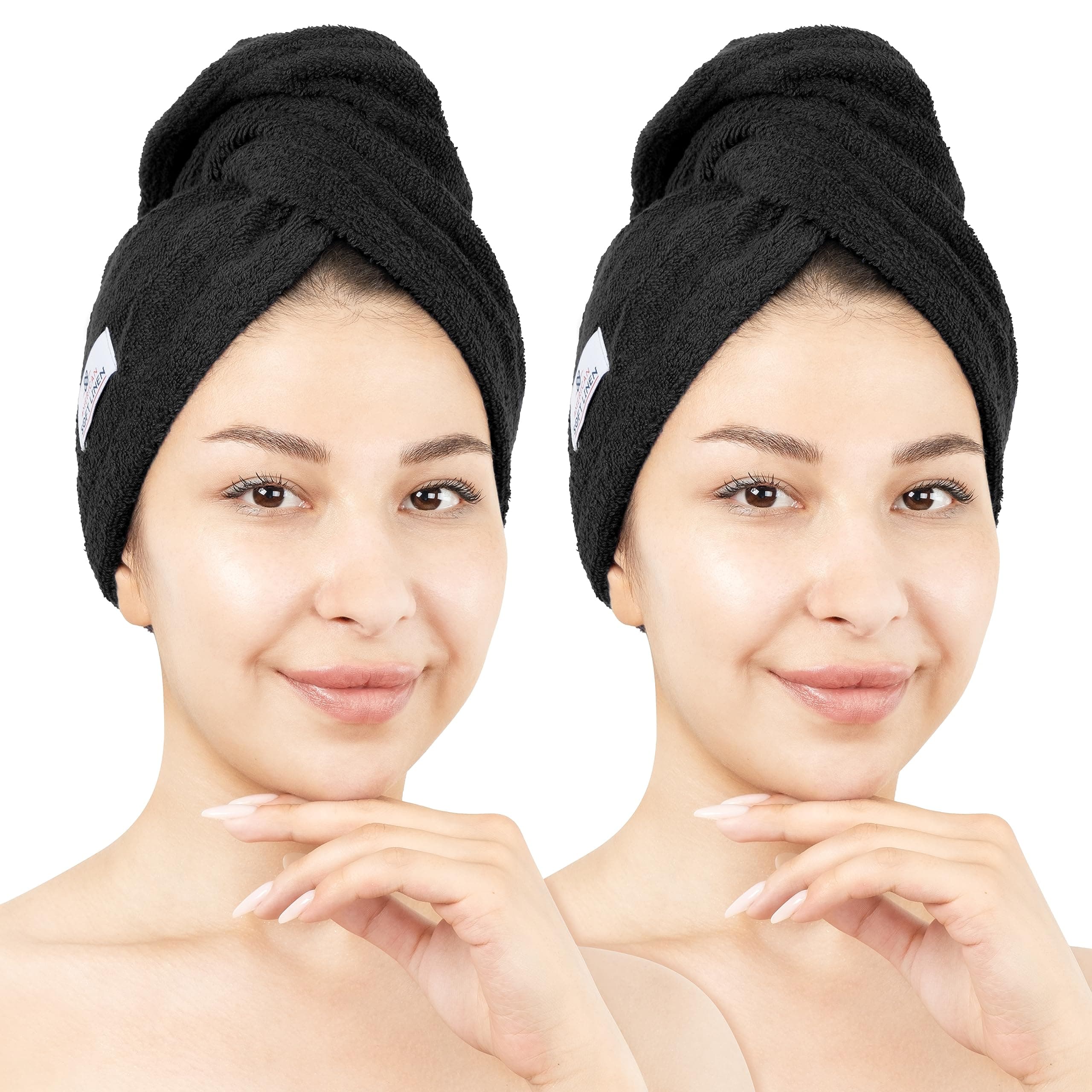 - American Soft Linen 100% Cotton Hair Towels for Women, Head Towel Cap, Cotton Hair Turban Towel Wrap for Long Curly Anti Frizz Hair, Soft and Absorbent Cotton Hair Towels 2 Pack, Black