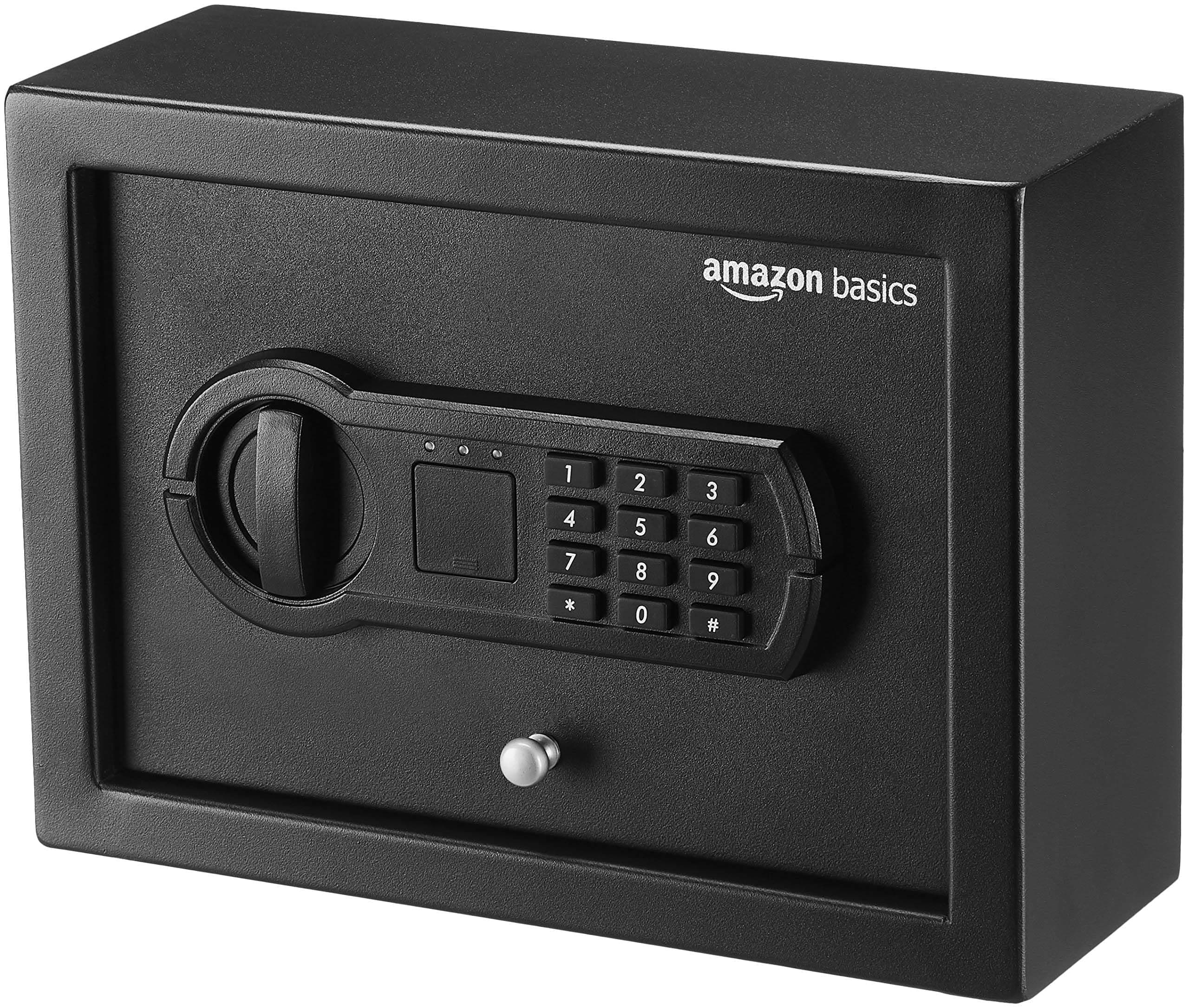 Amazon Basics Small Slim Desk Drawer Security Safe with Programmable Electronic Keypad, Secure Quick Access, 0.1 Cubic Feet, Black, 11.8"W x 8.6"D x 4.4"H