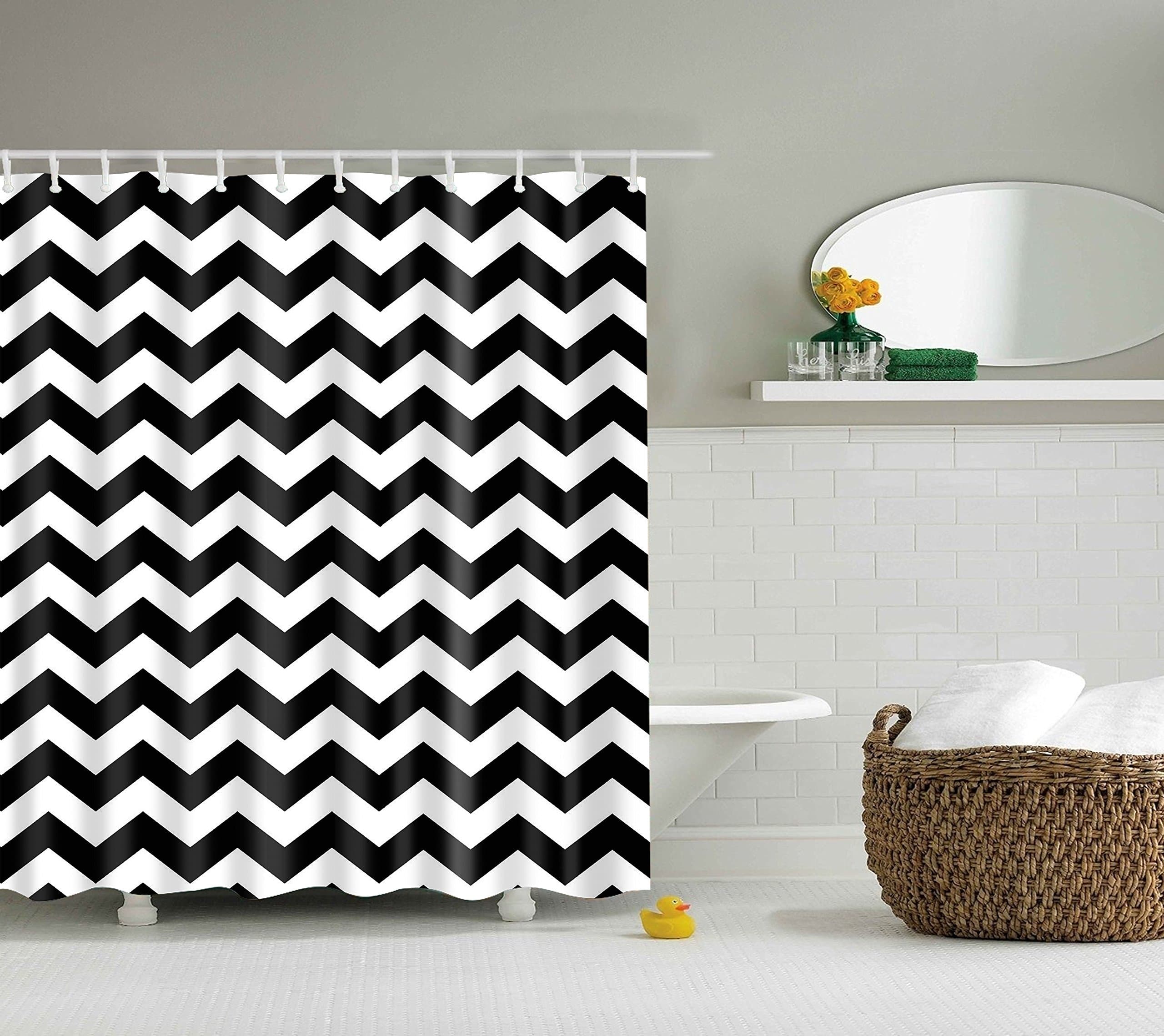 DOTZ Bathroom Collection Black and White Chevron Shower Curtain - 12 Premium Black Easy-Glide Roller Stainless Steel Hooks - 100% Polyester Fabric