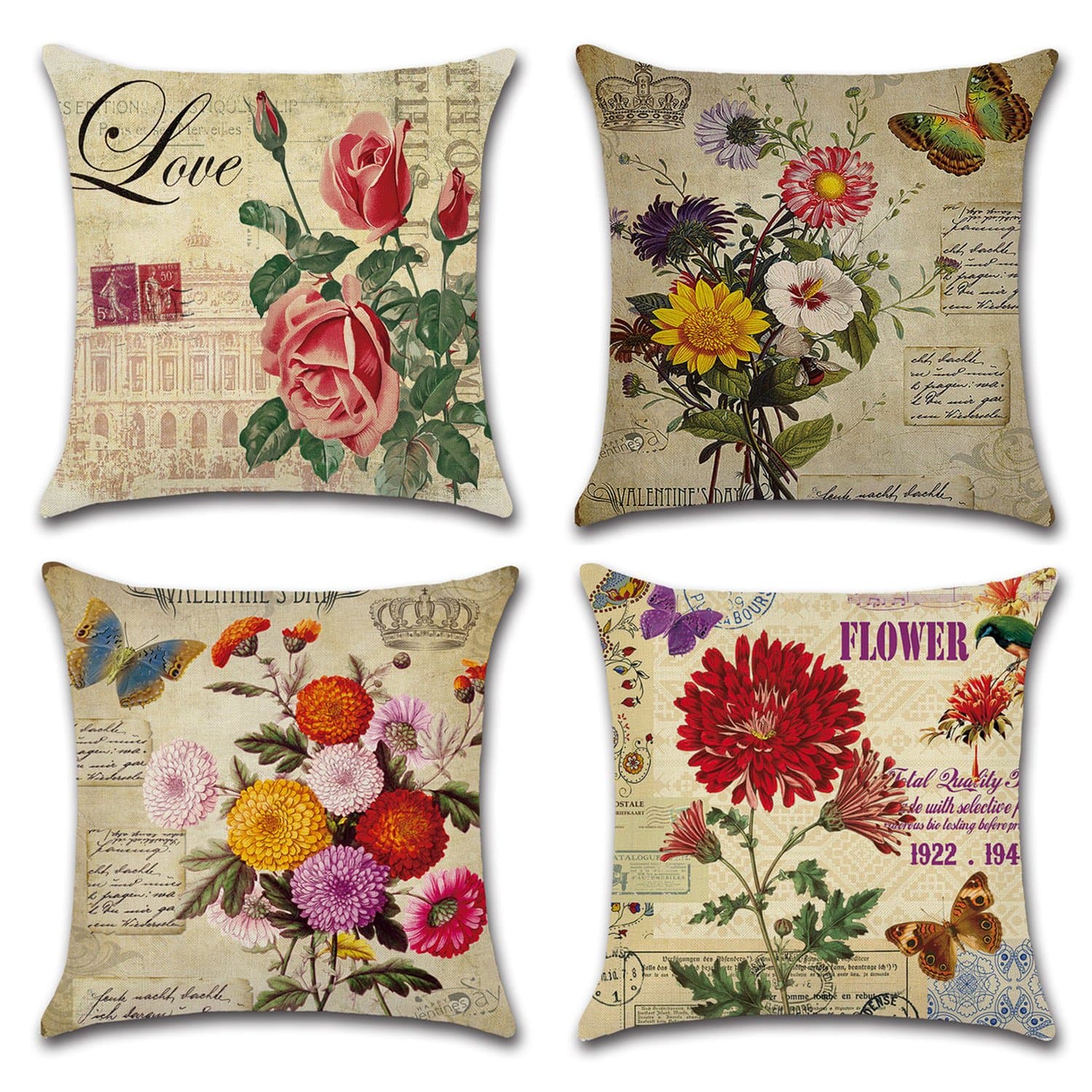 NKIPORU 4Pcs American Retro Country Style Cotton Linen Pillow Case Square Burlap Decorative Throw Pillowslip Car Cushion Cover with Rose Chrysanthemum Element