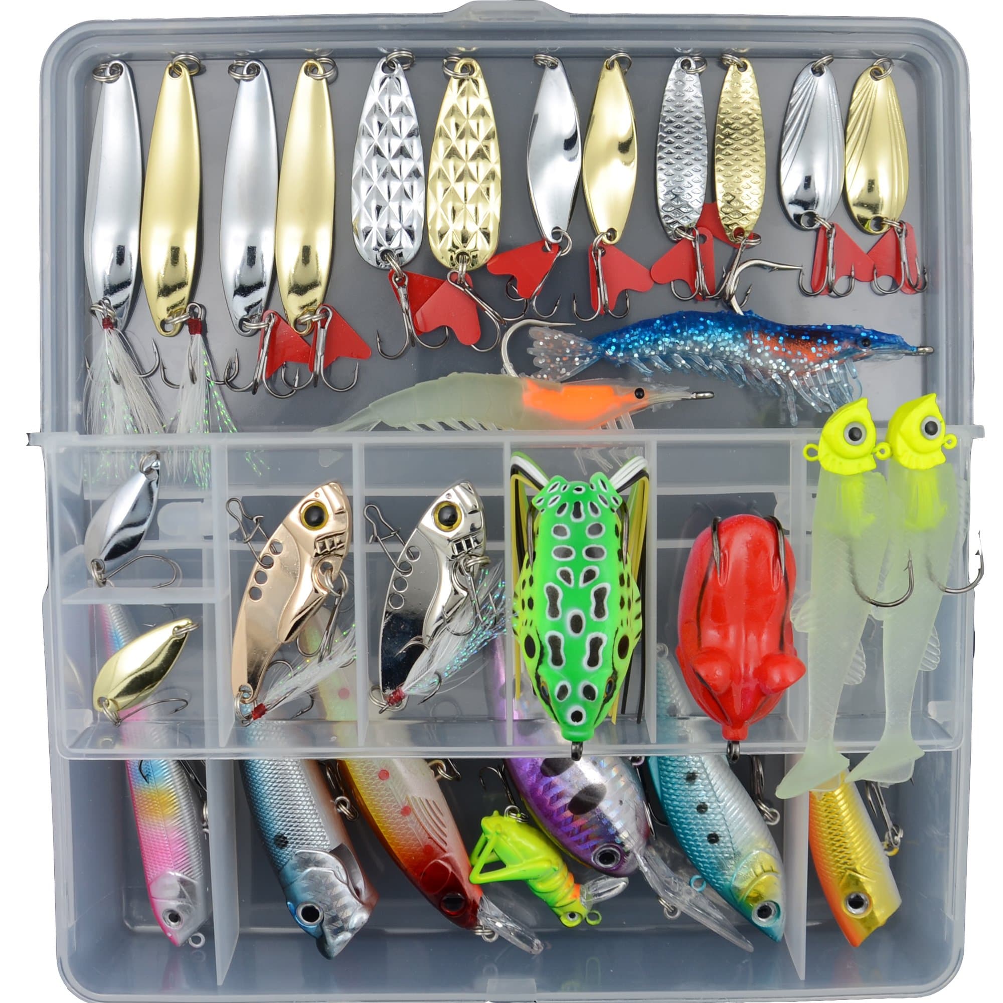 AGadget Fishing Lure Kit 30PCS Kinds of Baits Spinner Metal VIB Diving Bass Lures Minnow Crankbaits Jig Head Soft Frogs Shrimps with Tackle Box