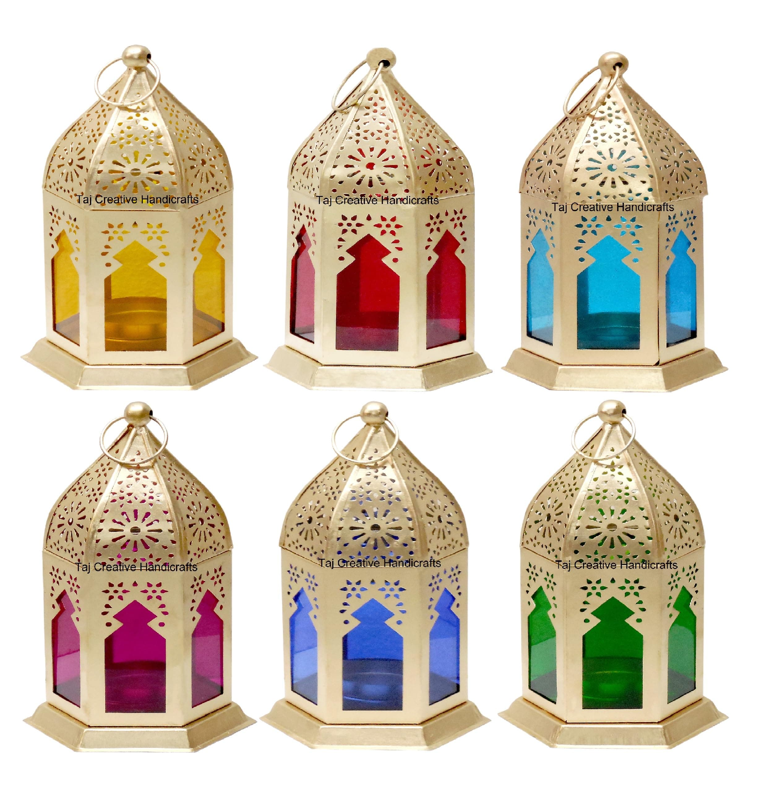 Iron Tealight Holder Hanging Lantern Moroccan Tabletop & Home Decor With Wax (5 Pack 1 Piece Free With 6 Candle) (9 X 9 X 17 Centimeters) Adjustable